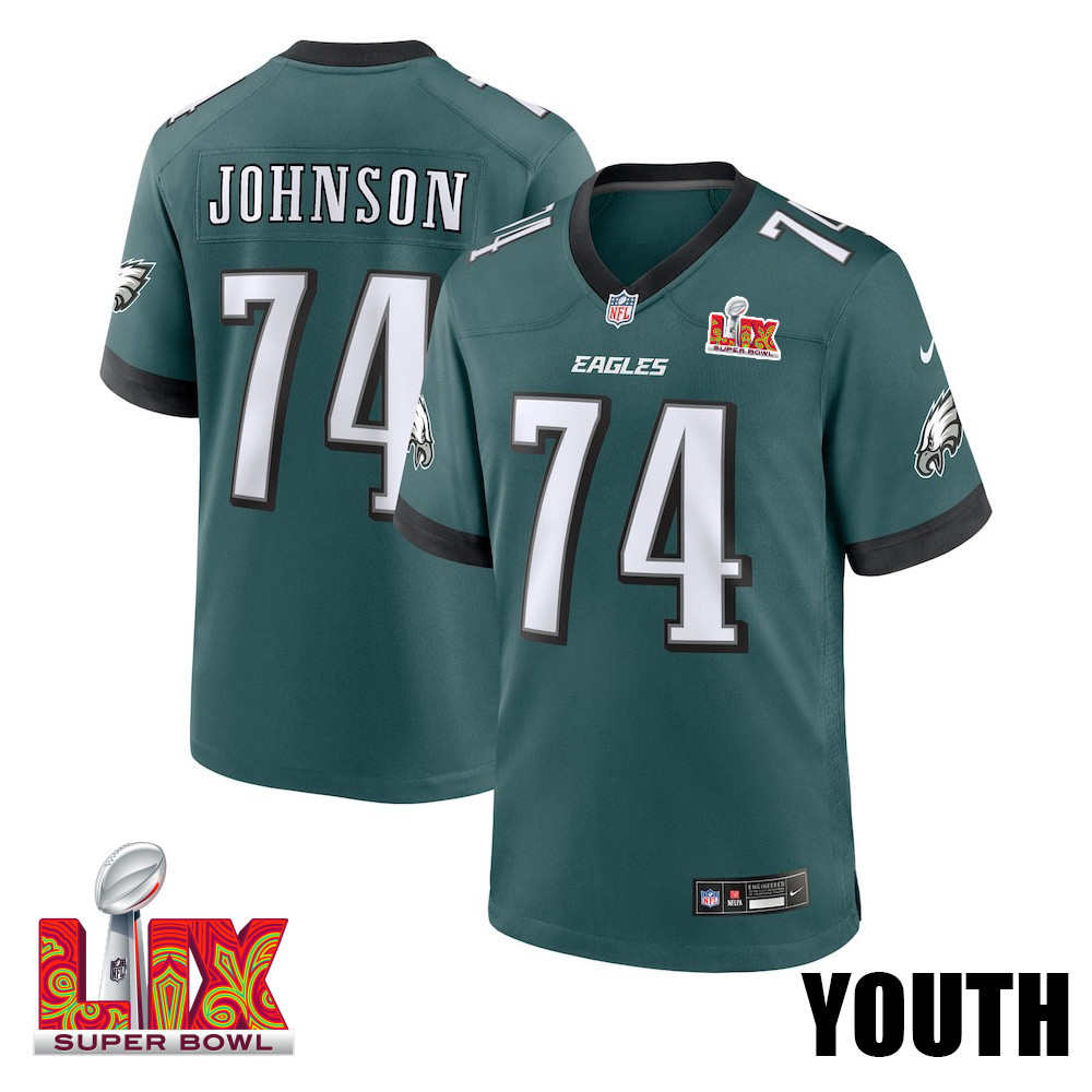 Fred Johnson #74 Philadelphia Eagles Super Bowl LIX Midnight Green NFL Jersey Youth