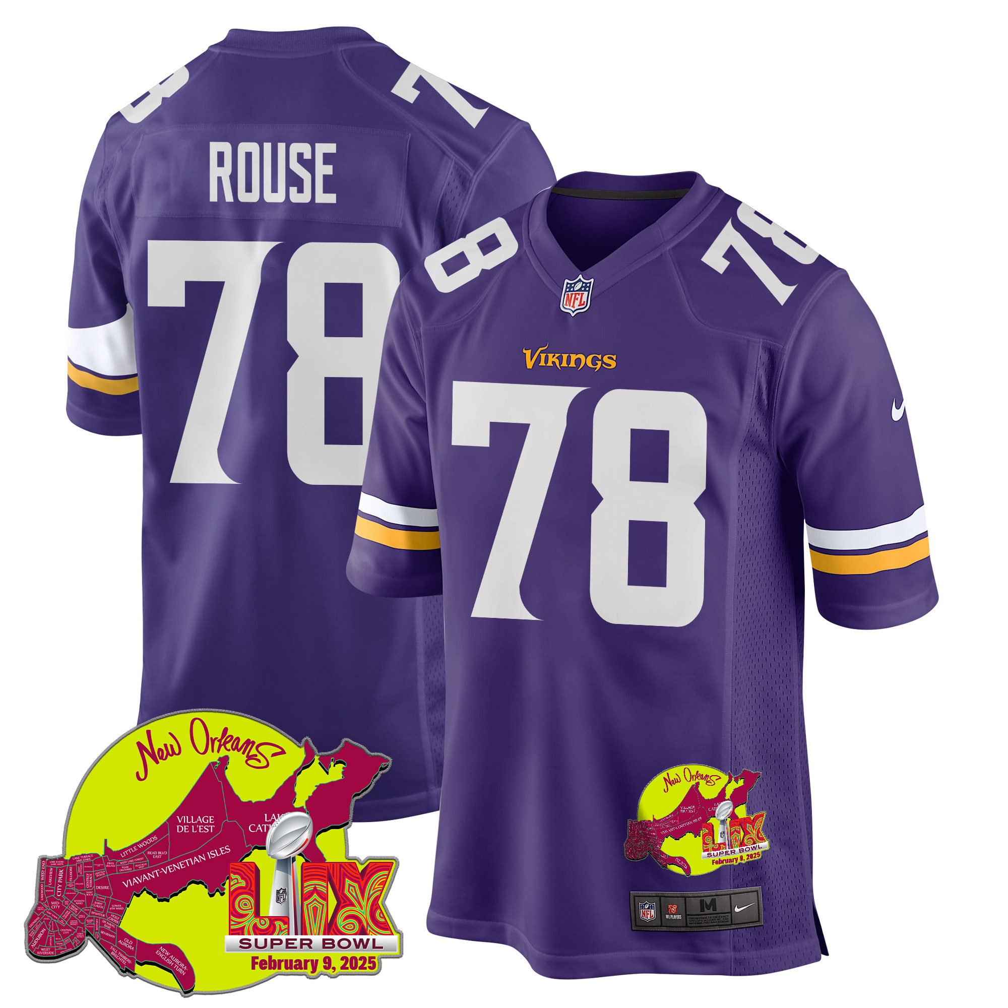 Walter Rouse 78 Minnesota Vikings Super Bowl LIX New Orleans Patch Game Purple NFL Jersey Men's