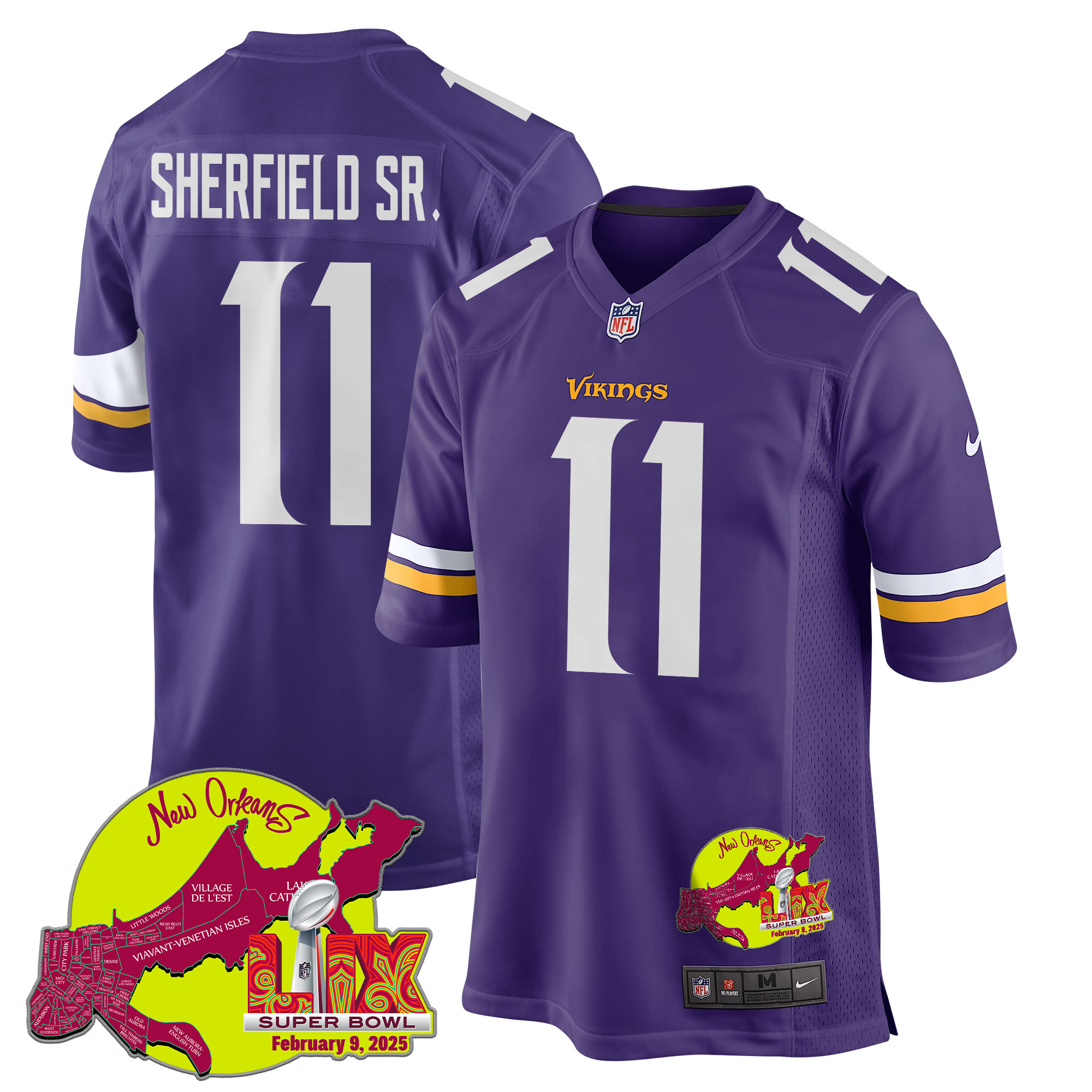 Trent Sherfield Sr. 11 Minnesota Vikings Super Bowl LIX New Orleans Patch Game Purple NFL Jersey Men's