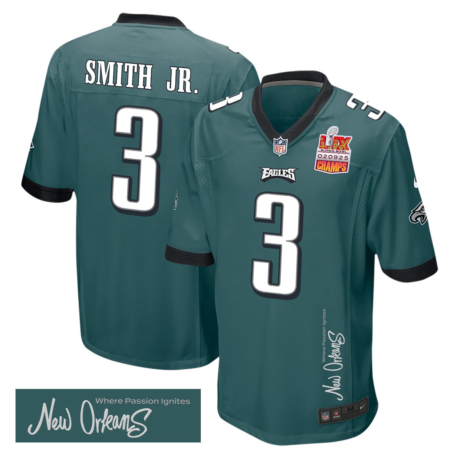 Nolan Smith Jr. 3 Philadelphia Eagles Super Bowl LIX Champions Patch New Orleans Where Passion Ignites' EMBROIDERED Game Midnight Green NFL Jersey Men's