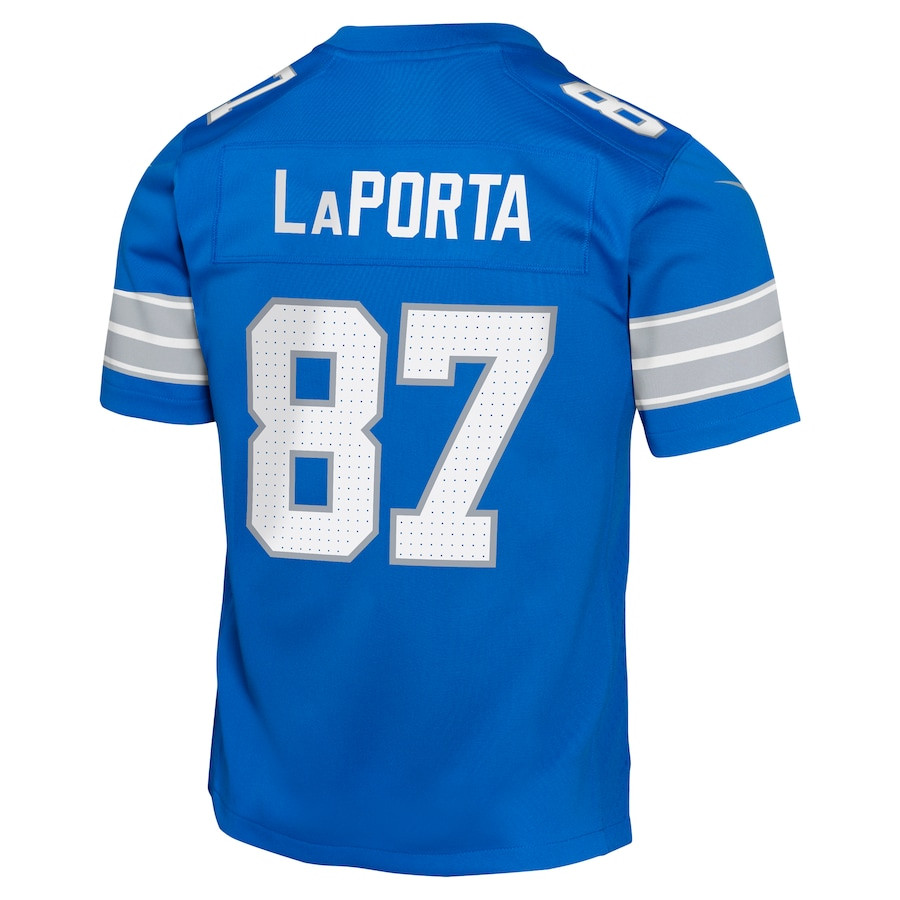 Sam LaPorta 87 Detroit Lions Team Player Game Blue NFL Jersey Youth