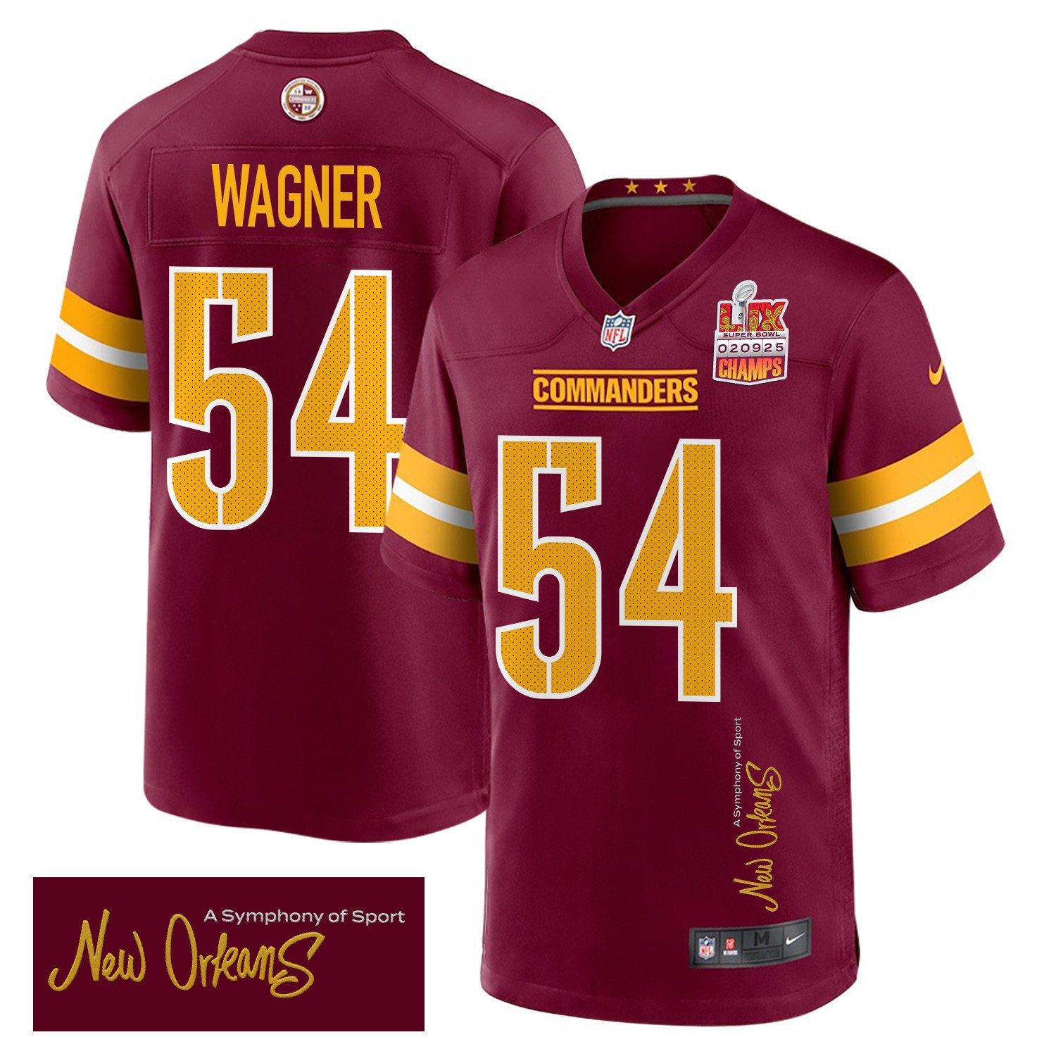 Bobby Wagner 54 Washington Commanders Super Bowl LIX Champions Patch New Orleans A Symphony of Sport' EMBROIDERED Game Burgundy NFL Jersey Men's