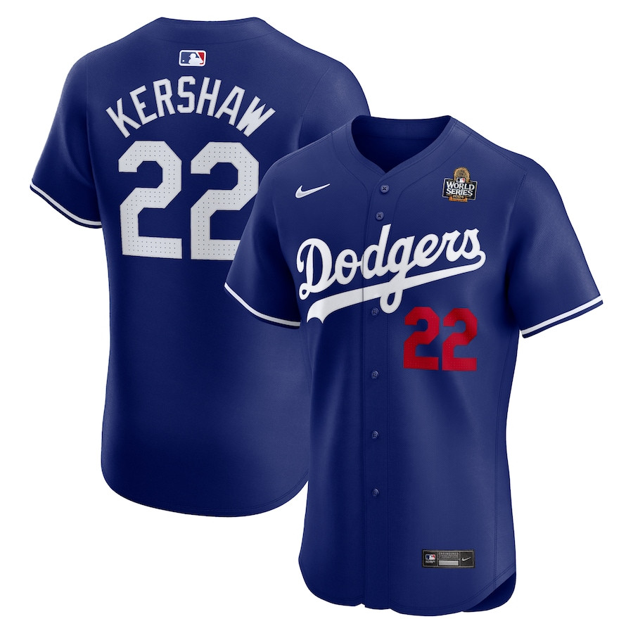 Clayton Kershaw 22 Los Angeles Dodgers 2024 World Series Alternate Elite Player Royal MLB Jersey Men's