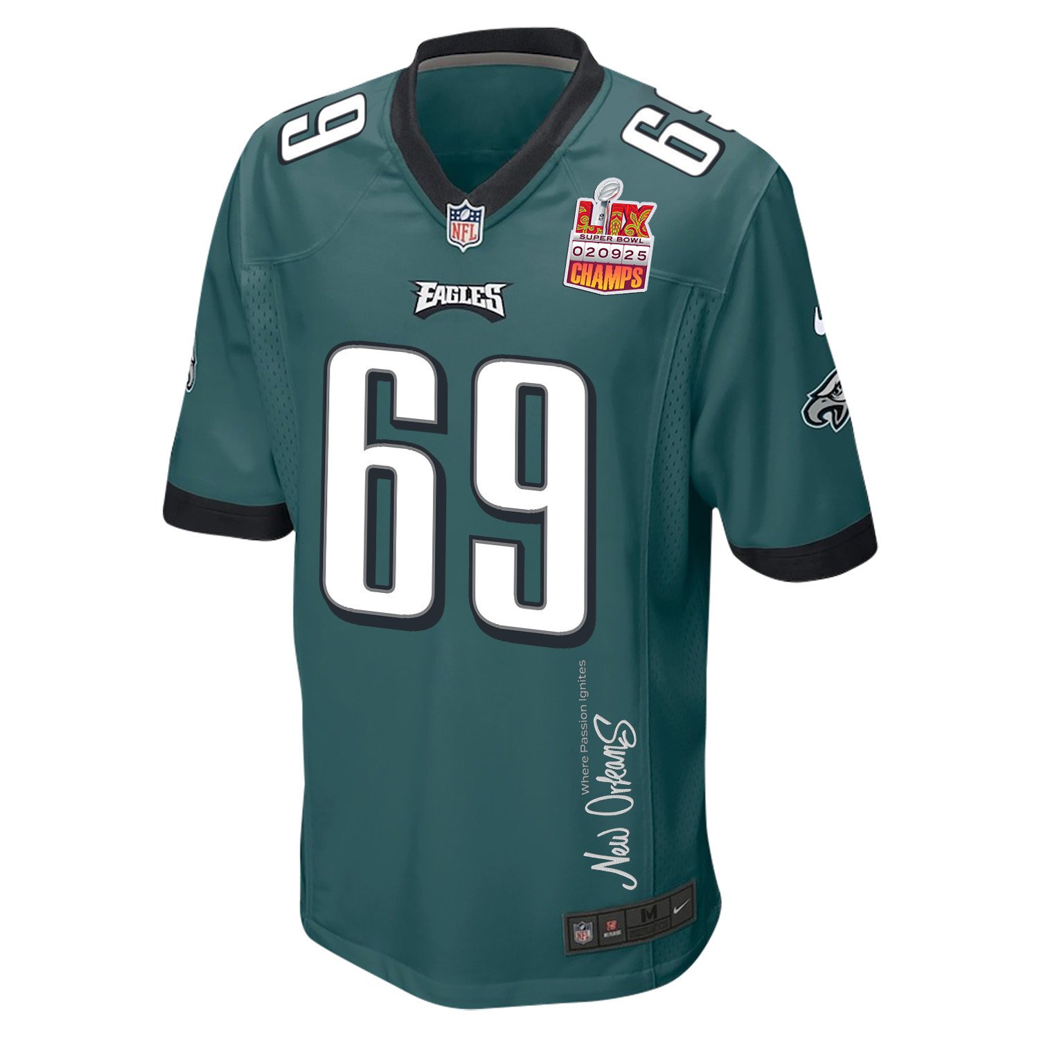 Landon Dickerson 69 Philadelphia Eagles Super Bowl LIX Champions Patch New Orleans Where Passion Ignites' EMBROIDERED Game Midnight Green NFL Jersey Men's