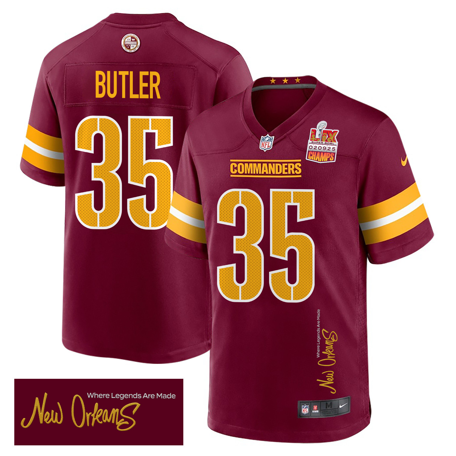 Percy Butler 35 Washington Commanders Super Bowl LIX Champions Patch New Orleans Where Legends Are Made' EMBROIDERED Game Burgundy NFL Jersey Men's