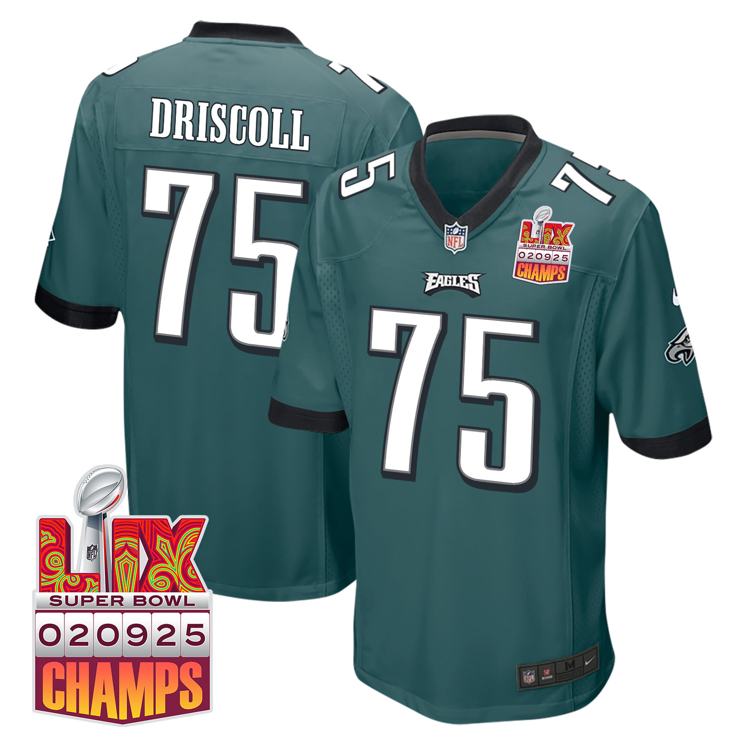Jack Driscoll 75 Philadelphia Eagles Super Bowl LIX Champions Patch Game Midnight Green NFL Jersey Men's