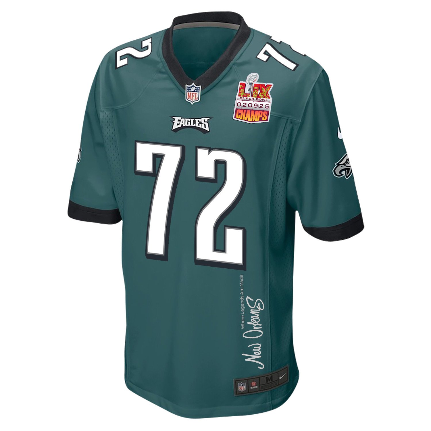 Darian Kinnard 72 Philadelphia Eagles Super Bowl LIX Champions Patch New Orleans Where Legends Are Made' EMBROIDERED Game Midnight Green NFL Jersey Men's