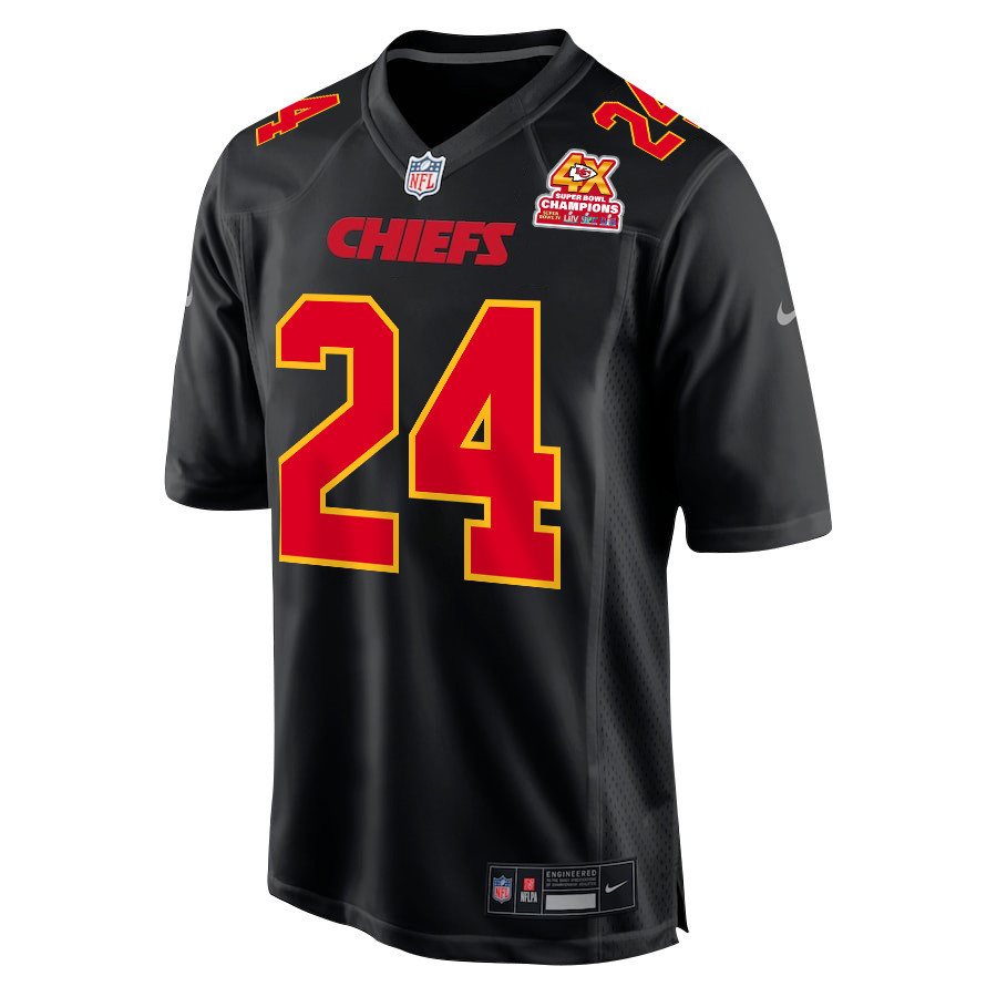 Skyy Moore 24 Kansas City Chiefs Super Bowl LVIII Champions 4X Fashion Game Carbon Black NFL Jersey Men's