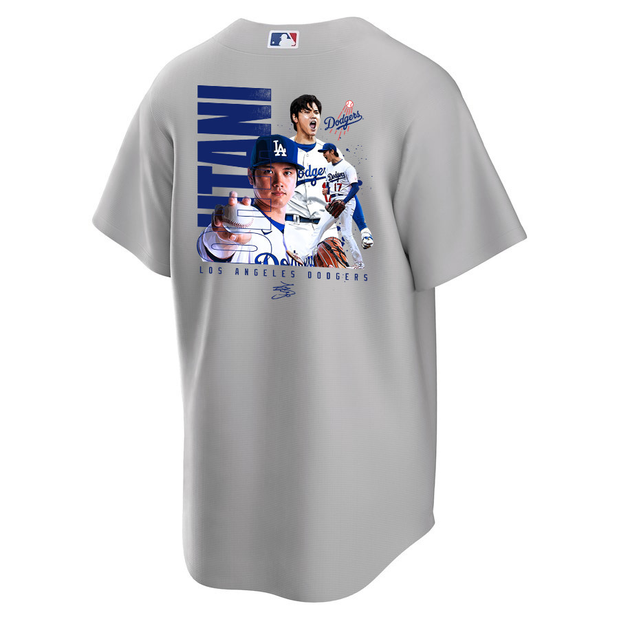 Shohei Ohtani 17 Los Angeles Dodgers Signed Name 2023 Road Gray MLB Jersey Men's
