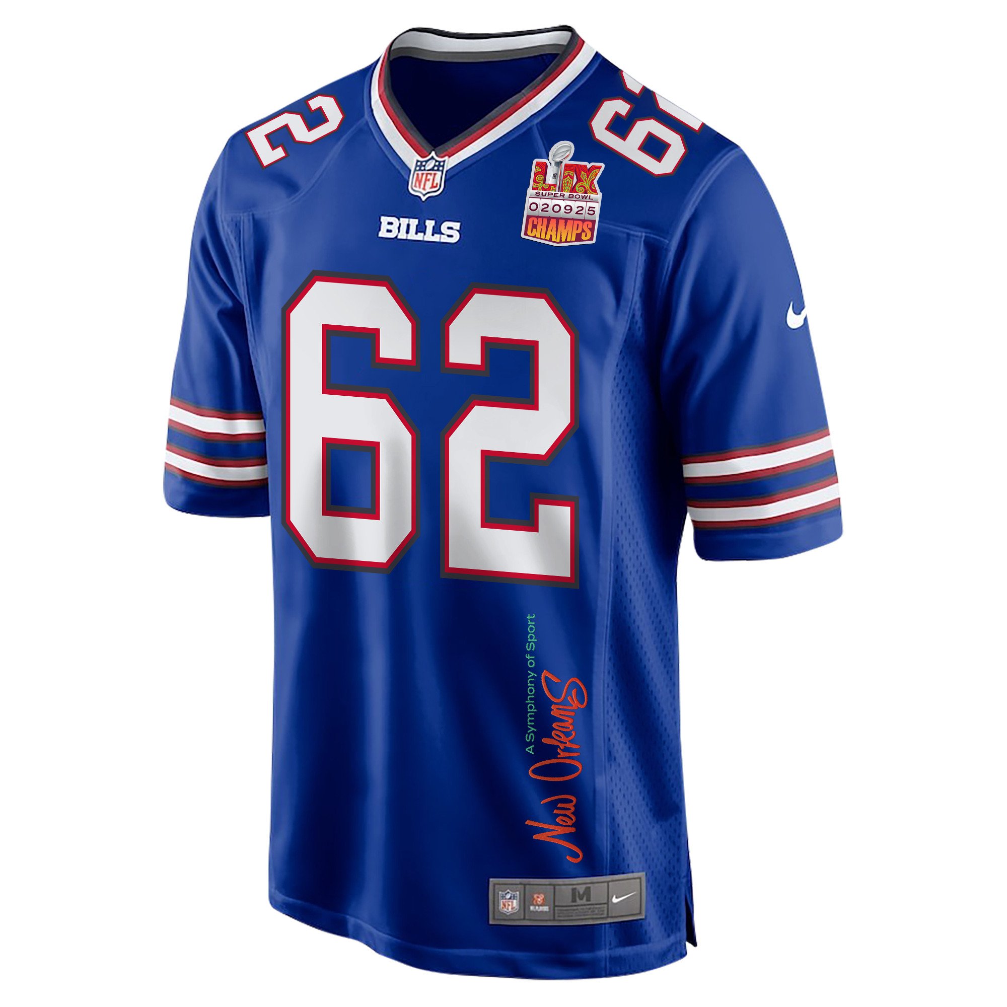 Sedrick Van Pran-Granger 62 Buffalo Bills Super Bowl LIX Champions Patch New Orleans A Symphony of Sport' EMBROIDERED Game Royal NFL Jersey Men's