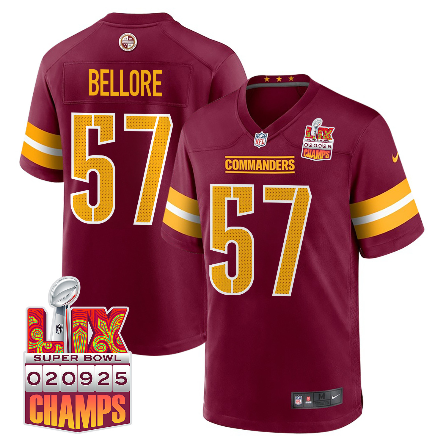 Nick Bellore 57 Washington Commanders Super Bowl LIX Champions Patch Game Burgundy NFL Jersey Men's