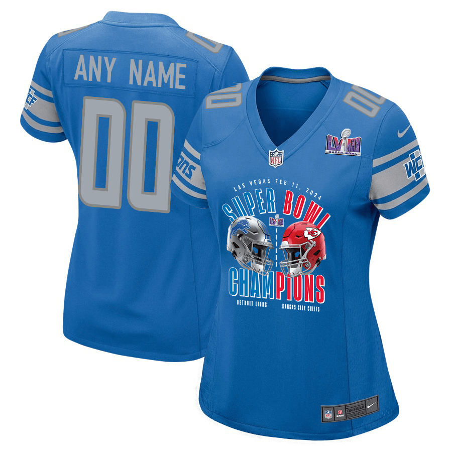 Detroit Lions vs. Kansas City Chiefs Super Bowl LVIII Matchup Game Custom Blue NFL Jersey Women's