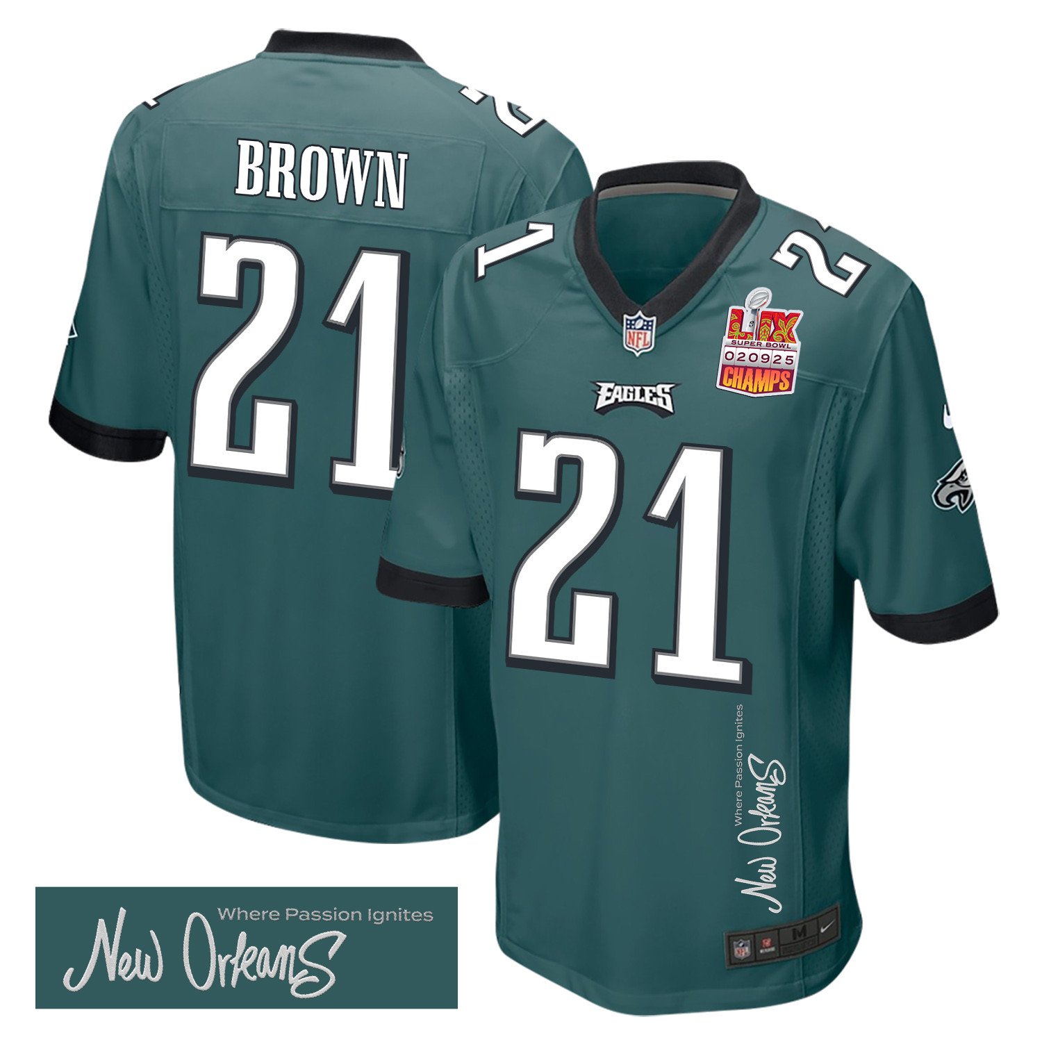 Sydney Brown 21 Philadelphia Eagles Super Bowl LIX Champions Patch New Orleans Where Passion Ignites' EMBROIDERED Game Midnight Green NFL Jersey Men's