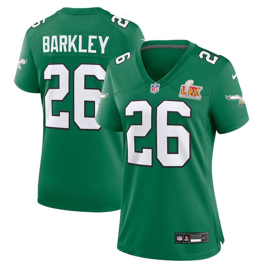 Saquon Barkley 26 Philadelphia Eagles Super Bowl LIX 2nd Alternate Game Kelly Green NFL Jersey Women's