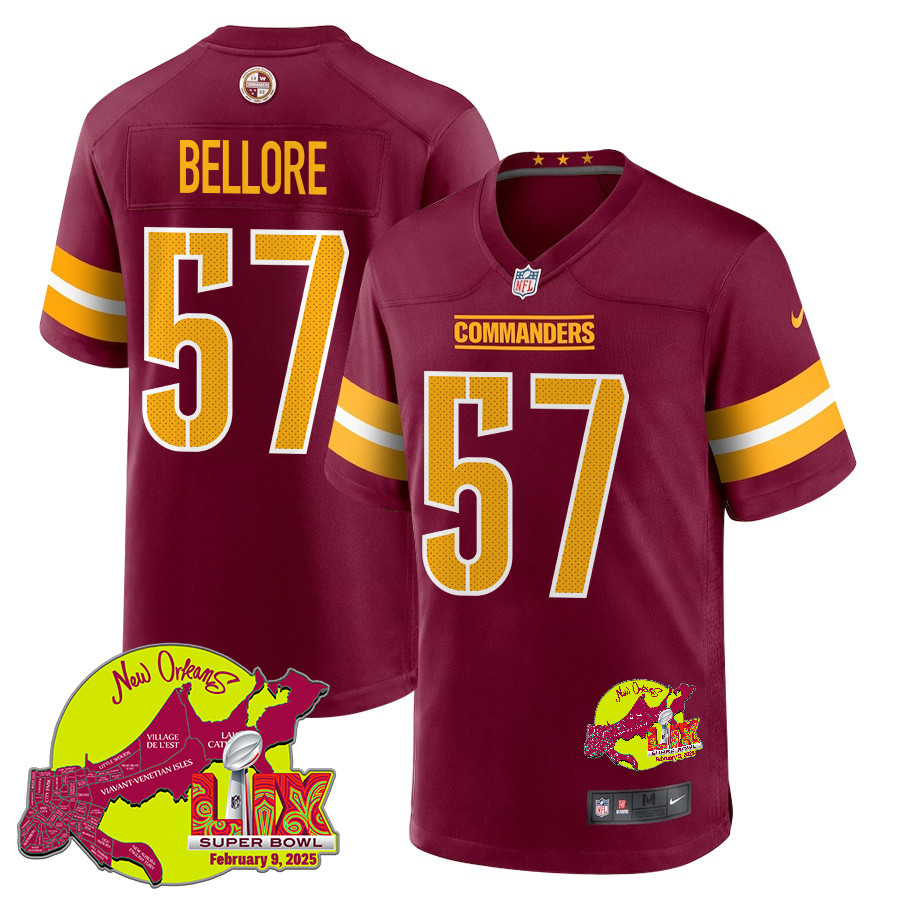 Nick Bellore 57 Washington Commanders Super Bowl LIX New Orleans Patch Game Burgundy NFL Jersey Men's