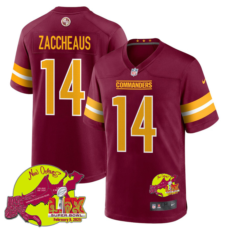 Olamide Zaccheaus 14 Washington Commanders Super Bowl LIX New Orleans Patch Game Burgundy NFL Jersey Men's