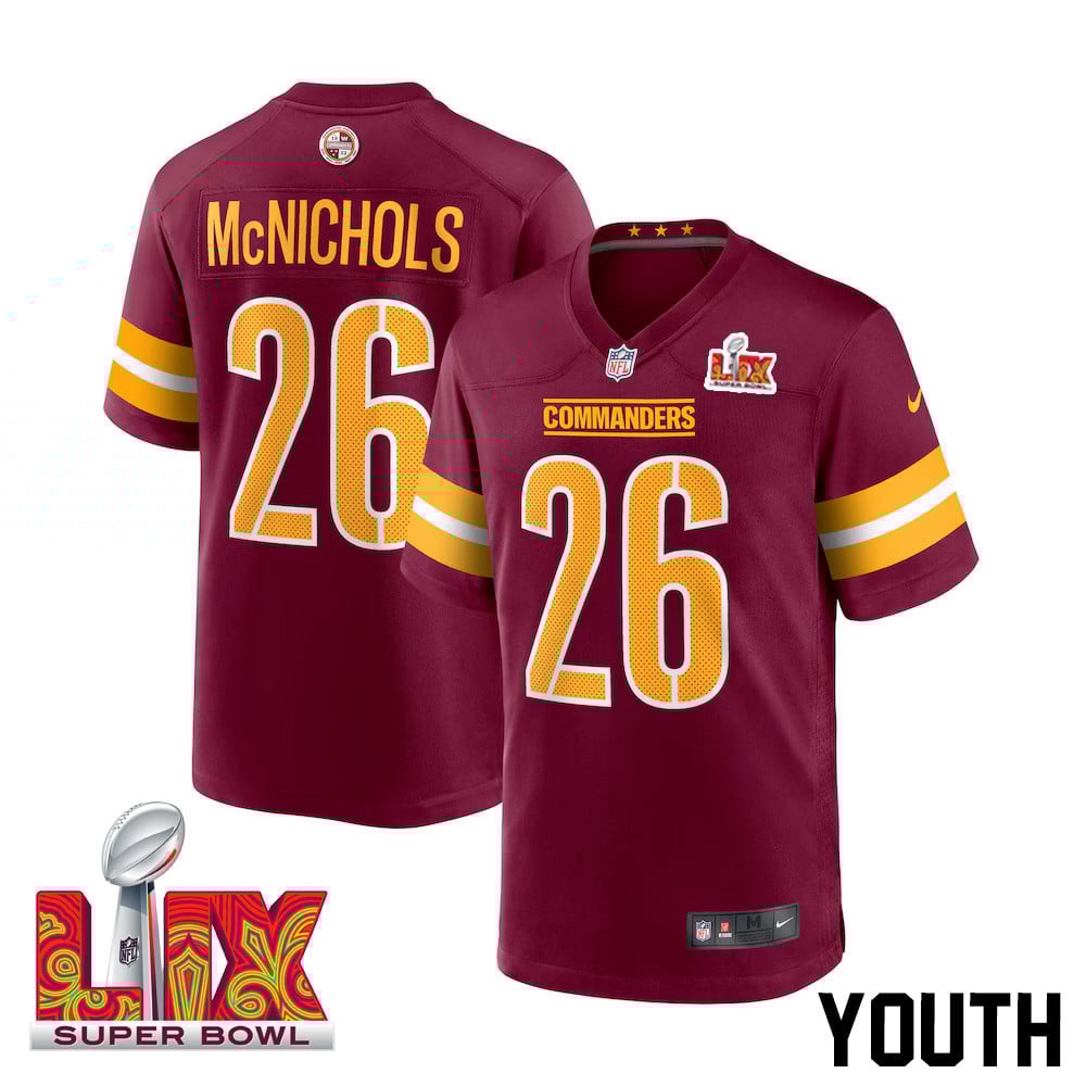 Jeremy McNichols #26 Washington Commanders Super Bowl LIX Burgundy NFL Jersey Youth