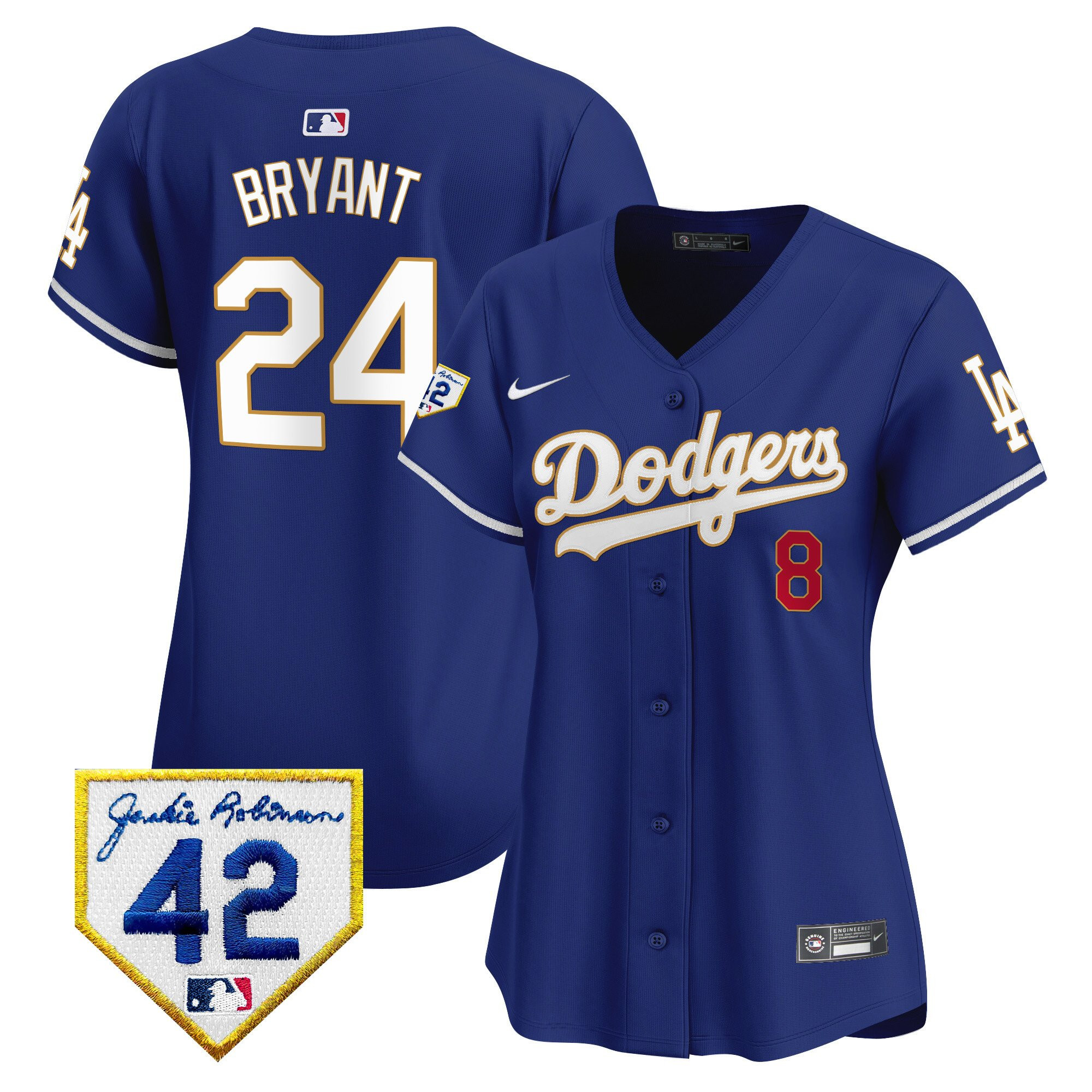 Kobe Bryant 24 Los Angeles Dodgers 2024 Jackie Robinson Patch Royal MLB Jersey Women's