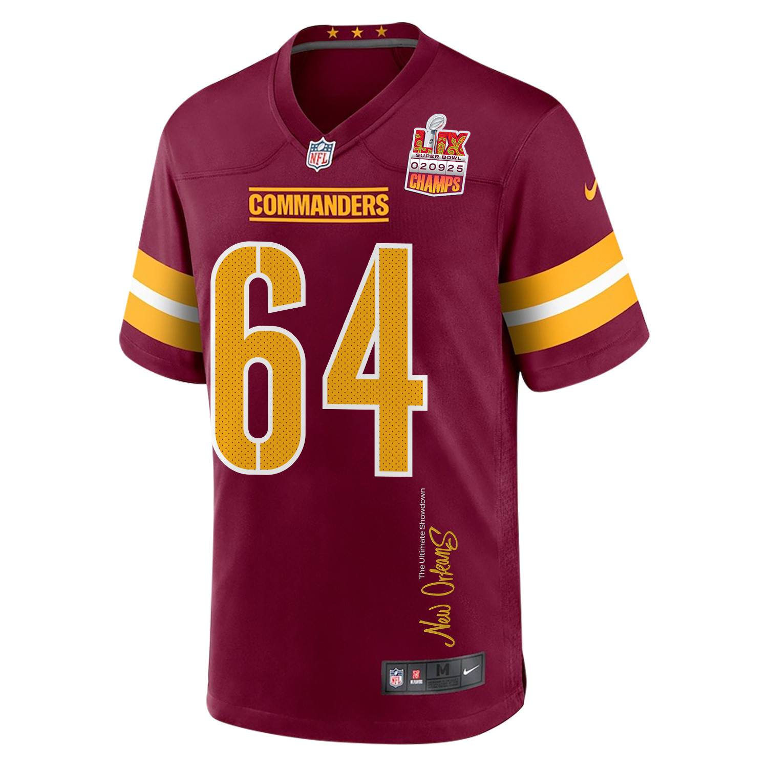 Sheldon Day 64 Washington Commanders Super Bowl LIX Champions Patch New Orleans The Ultimate Showdown' EMBROIDERED Game Burgundy NFL Jersey Men's
