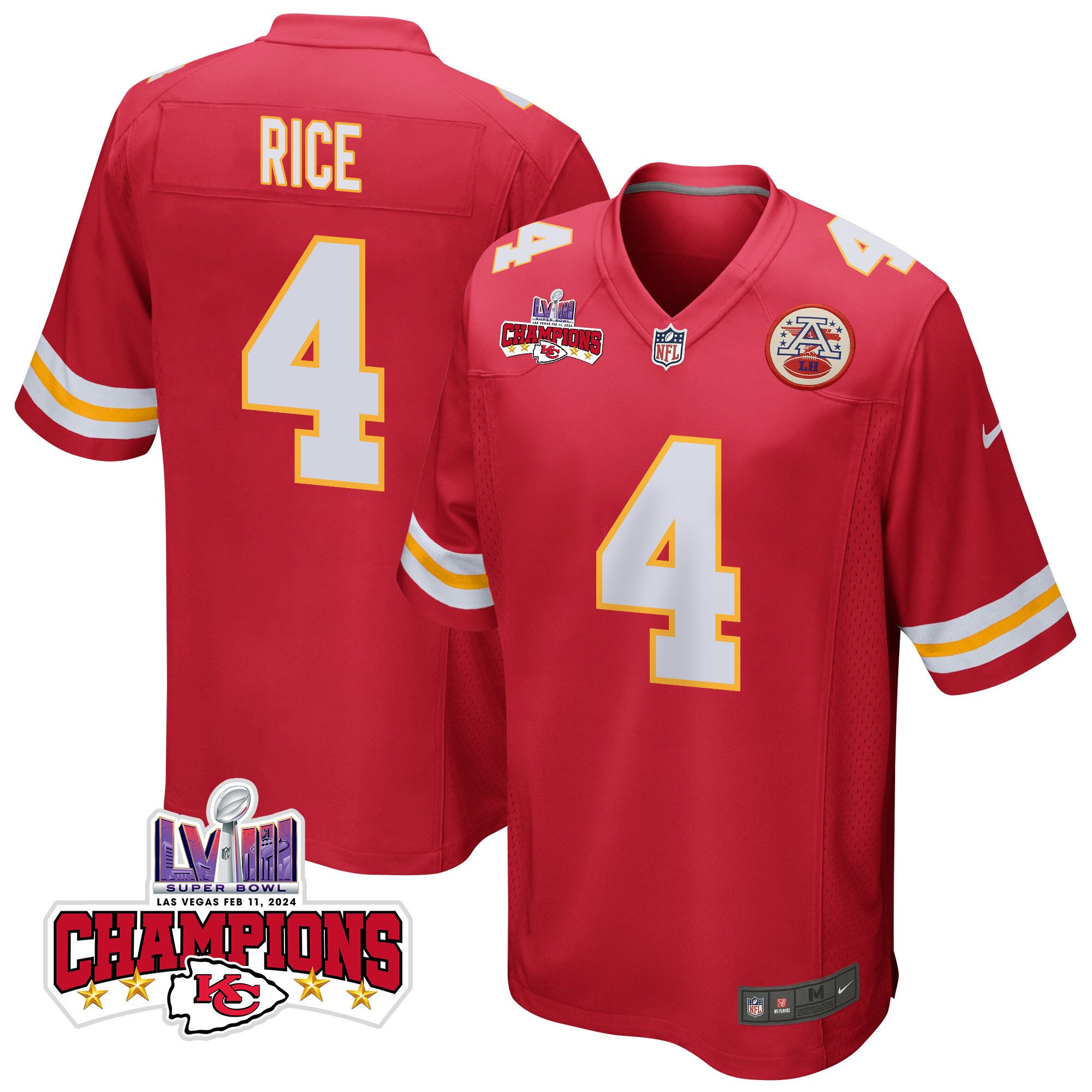 Rashee Rice 4 Kansas City Chiefs Super Bowl LVIII Champions 4 Stars Patch Game Red NFL Jersey Men's