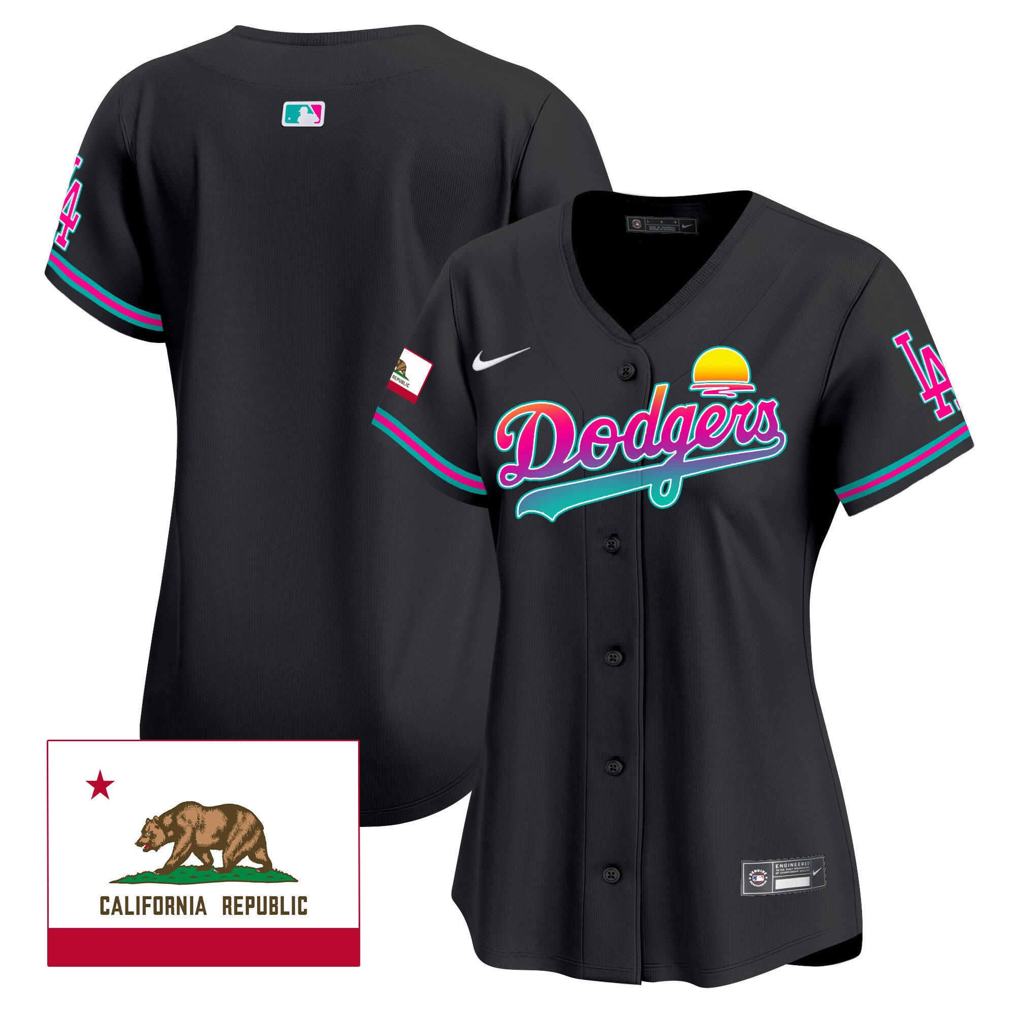 Los Angeles Dodgers 2024 Los Angeles City Style California Republic Patch Black MLB Jersey Women's