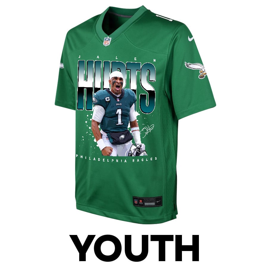 Jalen Hurts 1 Philadelphia Eagles Victory Game Kelly Green NFL Jersey Youth