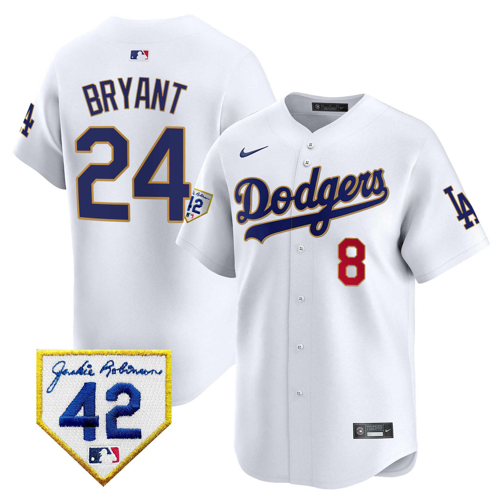 Kobe Bryant 24 Los Angeles Dodgers 2024 Jackie Robinson Patch White MLB Jersey Men's