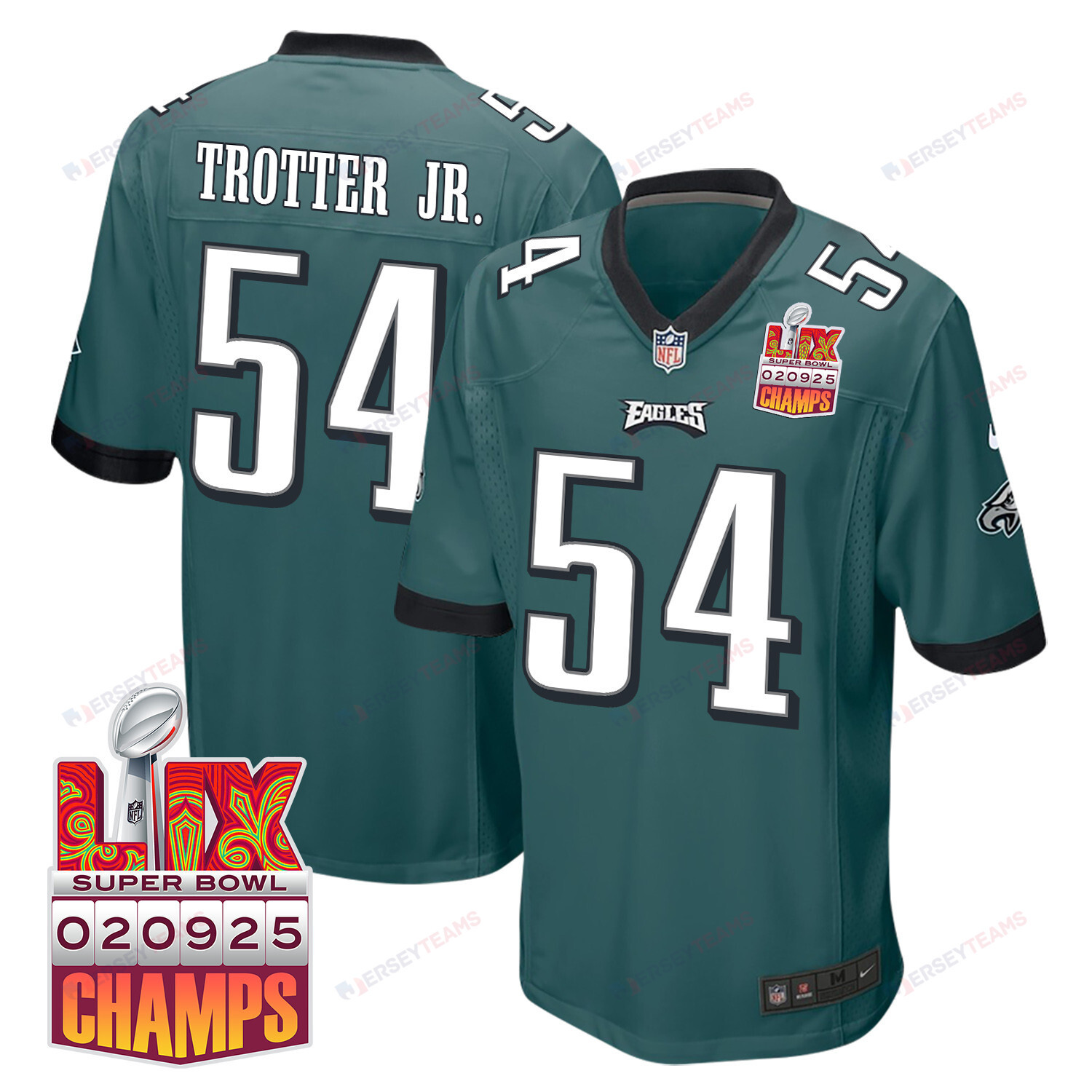 Jeremiah Trotter Jr. 54 Philadelphia Eagles Super Bowl LIX Champions Patch Game Midnight Green NFL Jersey Men's