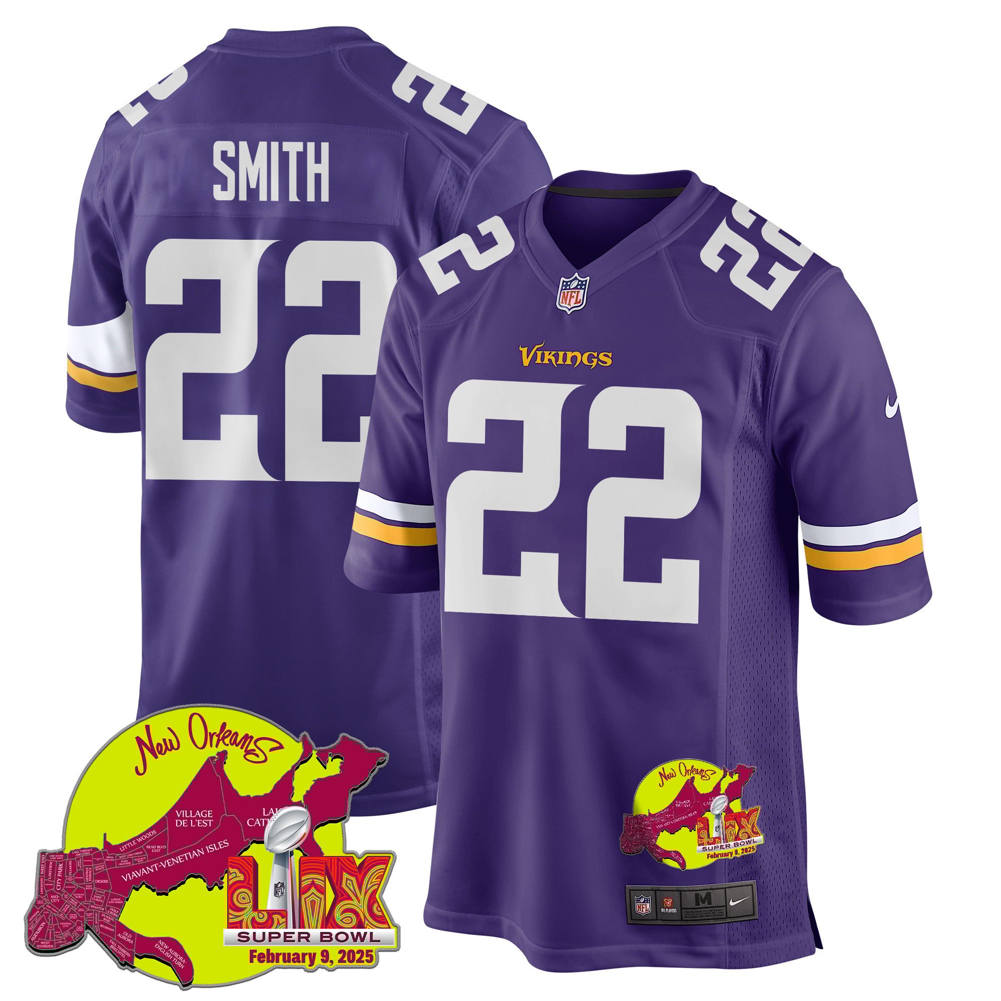 Harrison Smith 22 Minnesota Vikings Super Bowl LIX New Orleans Patch Game Purple NFL Jersey Men's