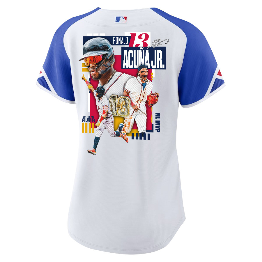 Ronald Acu?a Jr. 13 Atlanta Braves Signed MVP 2023 City Connect Player White Blue MLB Jersey Women's