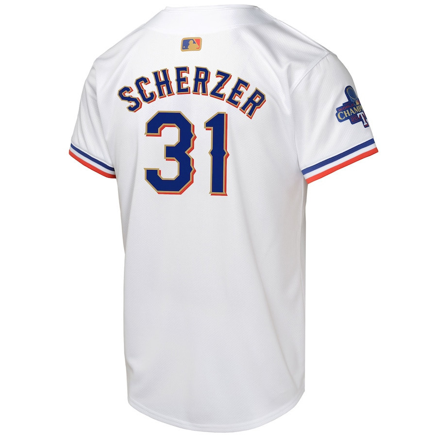 Max Scherzer 31 Texas Rangers 2024 Gold Collection Limited White MLB Jersey Youth