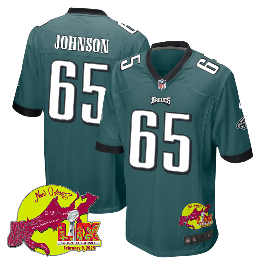 Lane Johnson 65 Philadelphia Eagles Super Bowl LIX New Orleans Patch Game Midnight Green NFL Jersey Men's