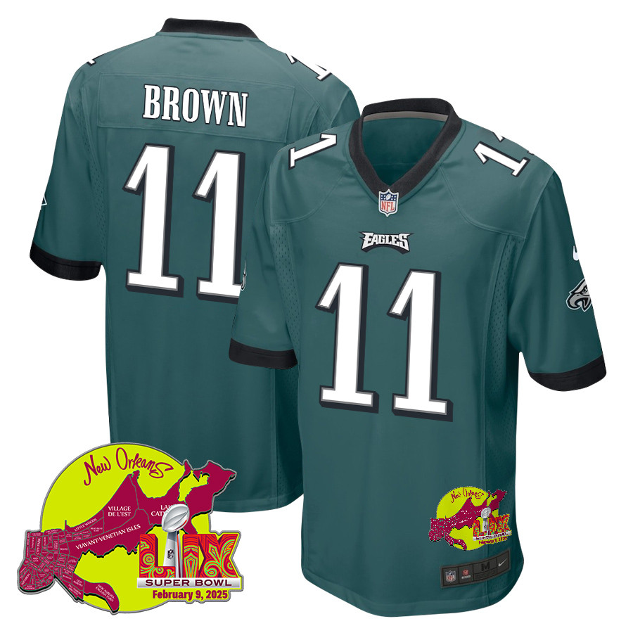 A.J. Brown 11 Philadelphia Eagles Super Bowl LIX New Orleans Patch Game Midnight Green NFL Jersey Men's