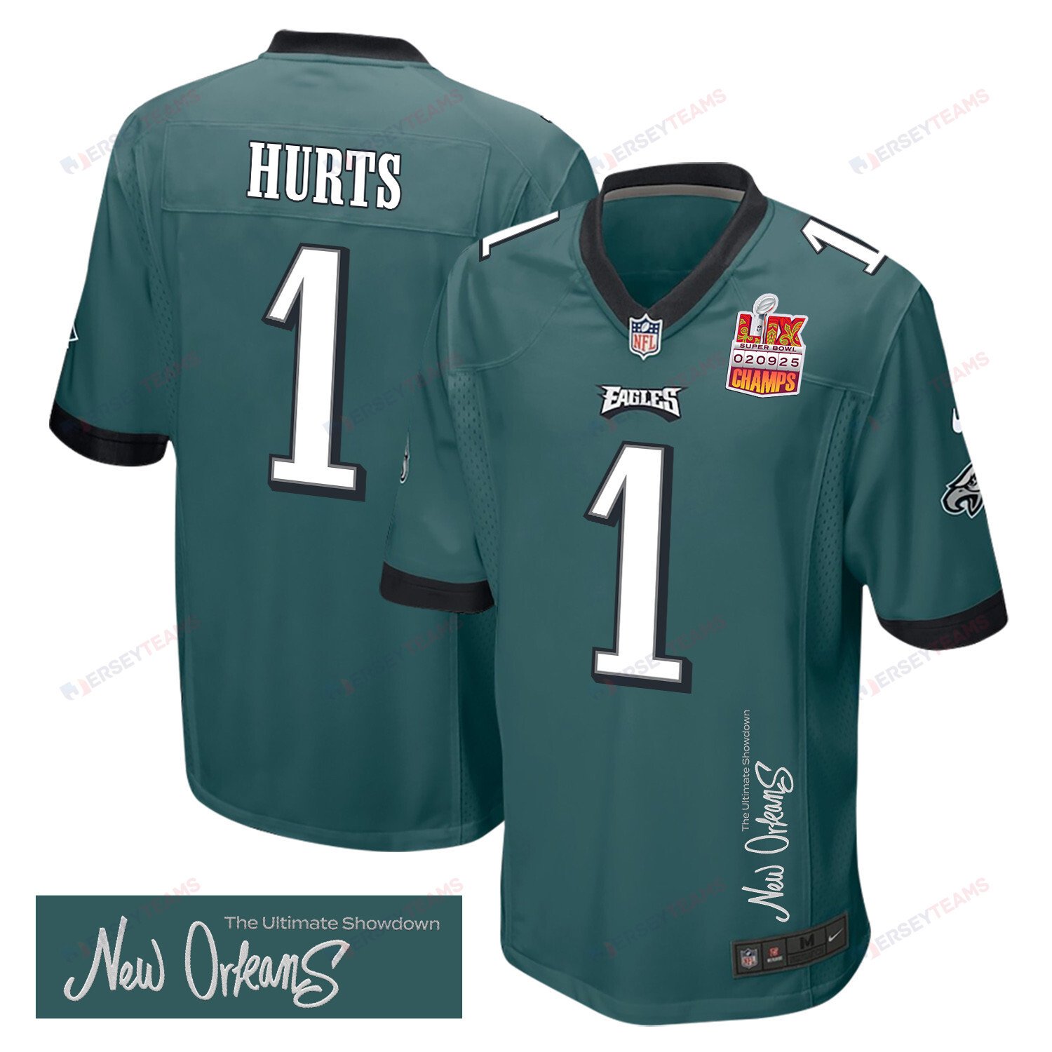 Jalen Hurts 1 Philadelphia Eagles Super Bowl LIX Champions Patch New Orleans The Ultimate Showdown' EMBROIDERED Game Midnight Green NFL Jersey Men's