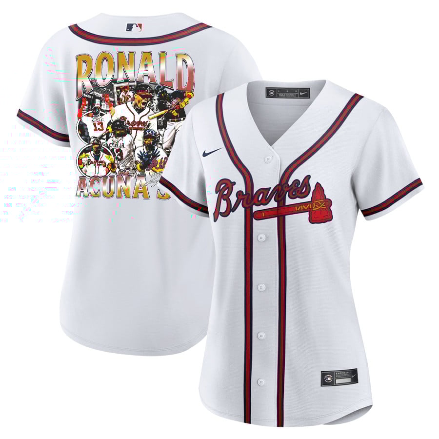 Ronald Acu?a Jr. 13 Atlanta Braves Signed Posture 2023 Home Player White Red MLB Jersey Women's
