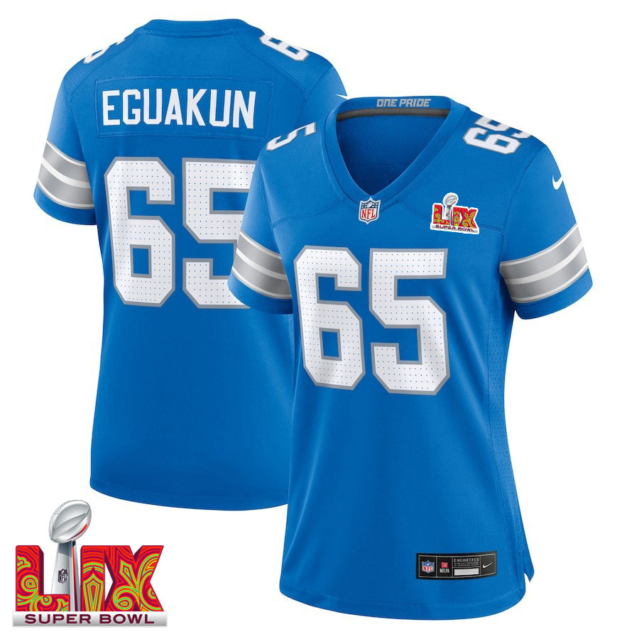 Kingsley Eguakun #65 Detroit Lions Super Bowl LIX Blue NFL Jersey Women's