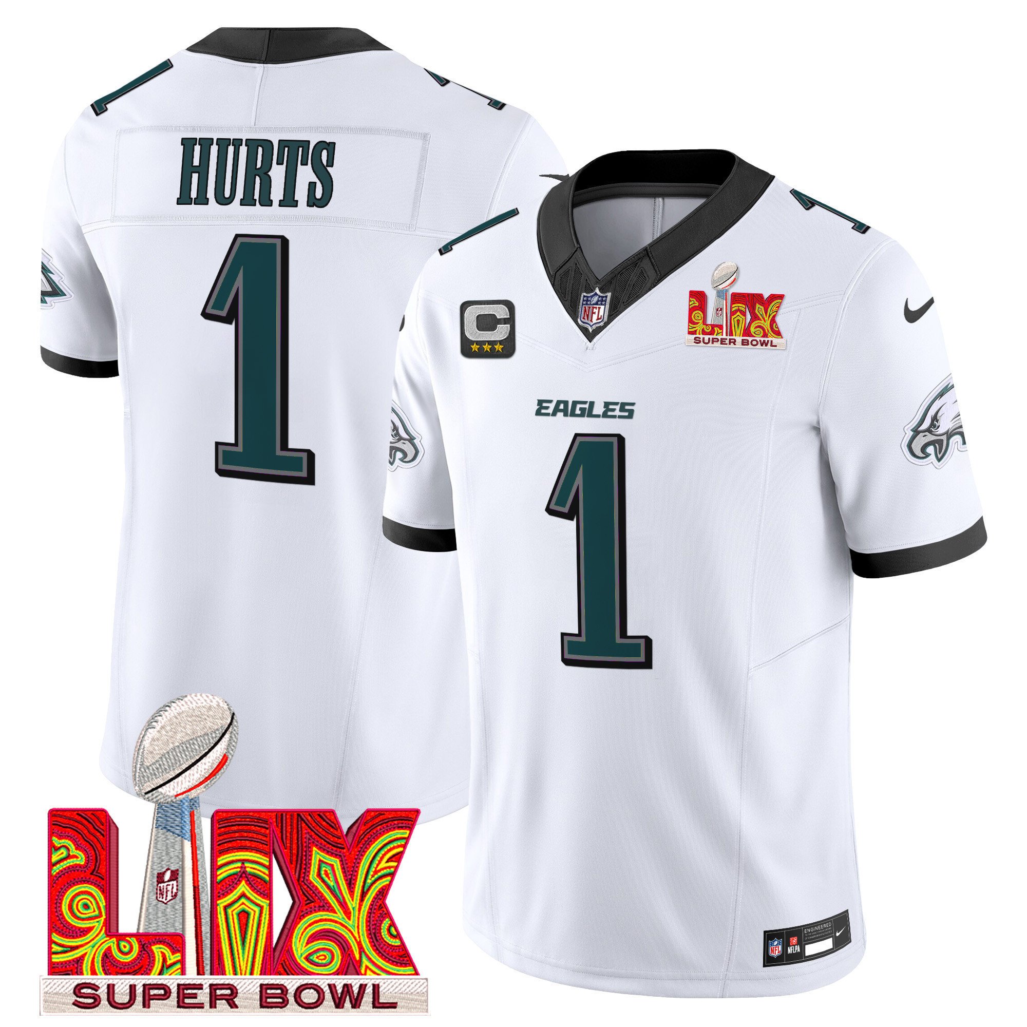 Jalen Hurts 1 Philadelphia Eagles Super Bowl Champions LIX Patch Vapor Limited White NFL Jersey Men's