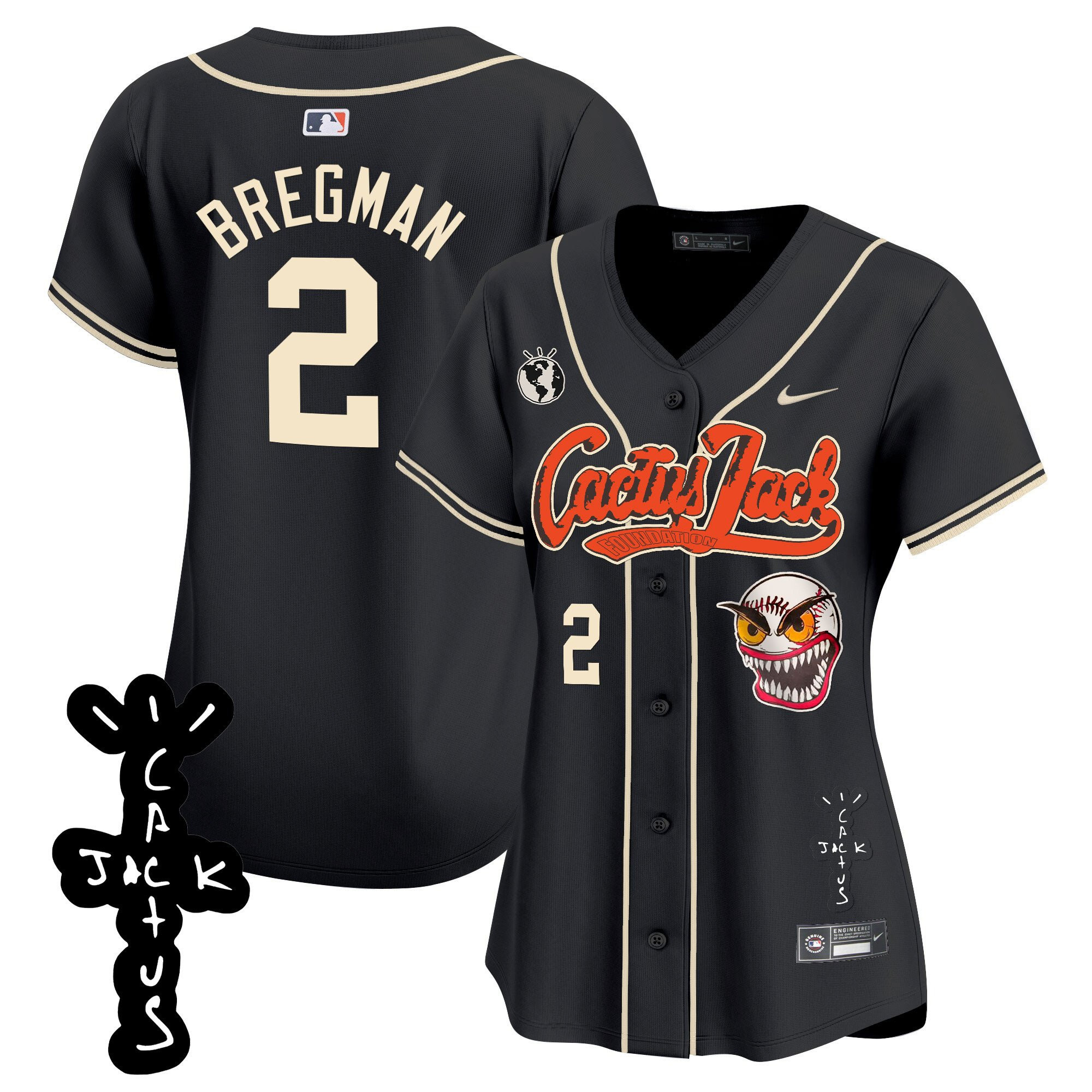 Alex Bregman 2 Houston Astros Cactus Jack Patch V2 Black MLB Jersey Women's