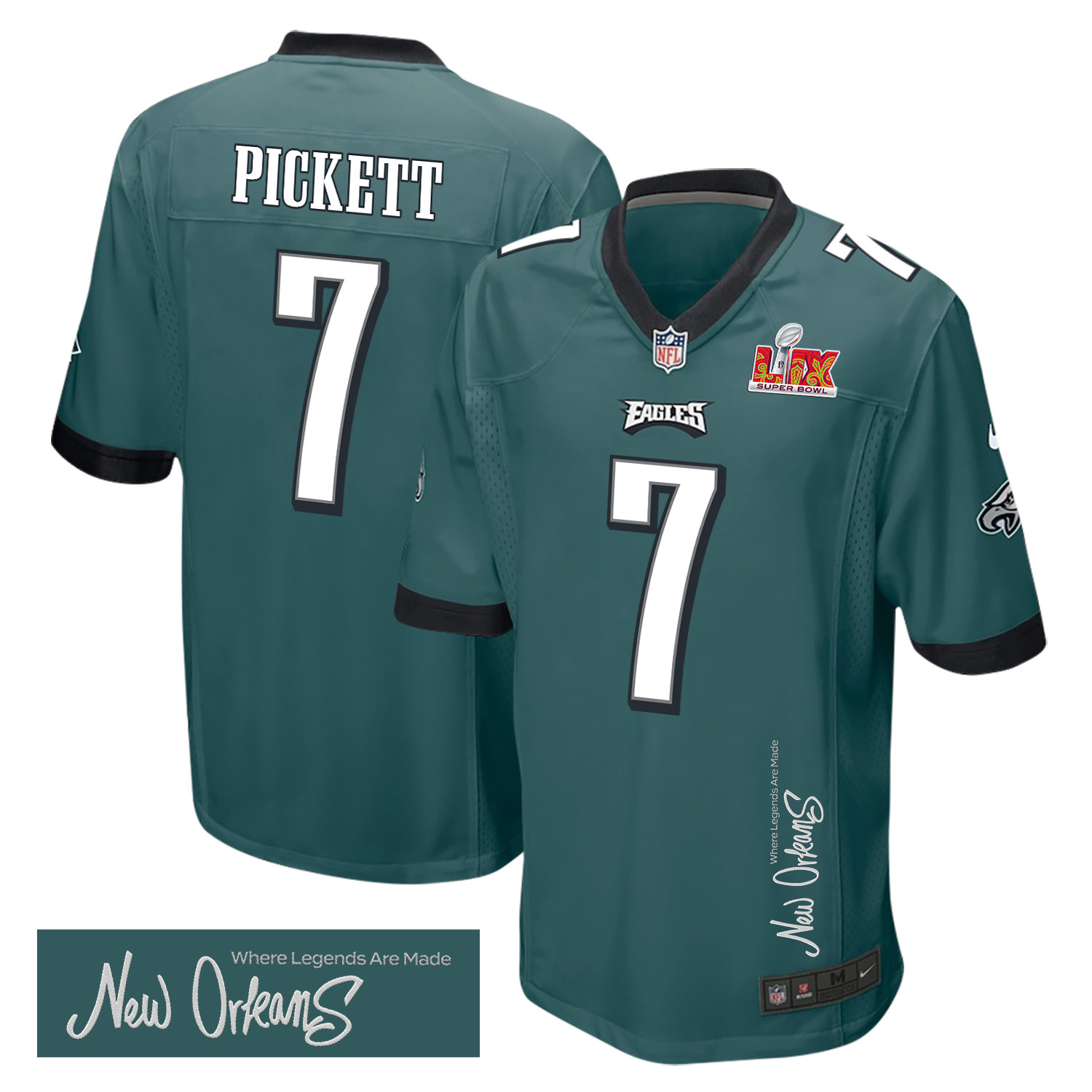 Kenny Pickett 7 Philadelphia Eagles Super Bowl LIX New Orleans Where Legends Are Made' EMBROIDERED Game Midnight Green NFL Jersey Men's