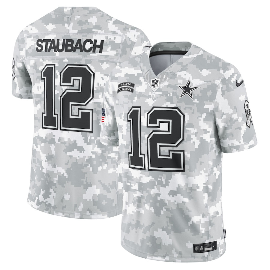 Roger Staubach 12 Dallas Cowboys 2024 Salute to Service Retired Player Limited Arctic Camo NFL Jersey Men's