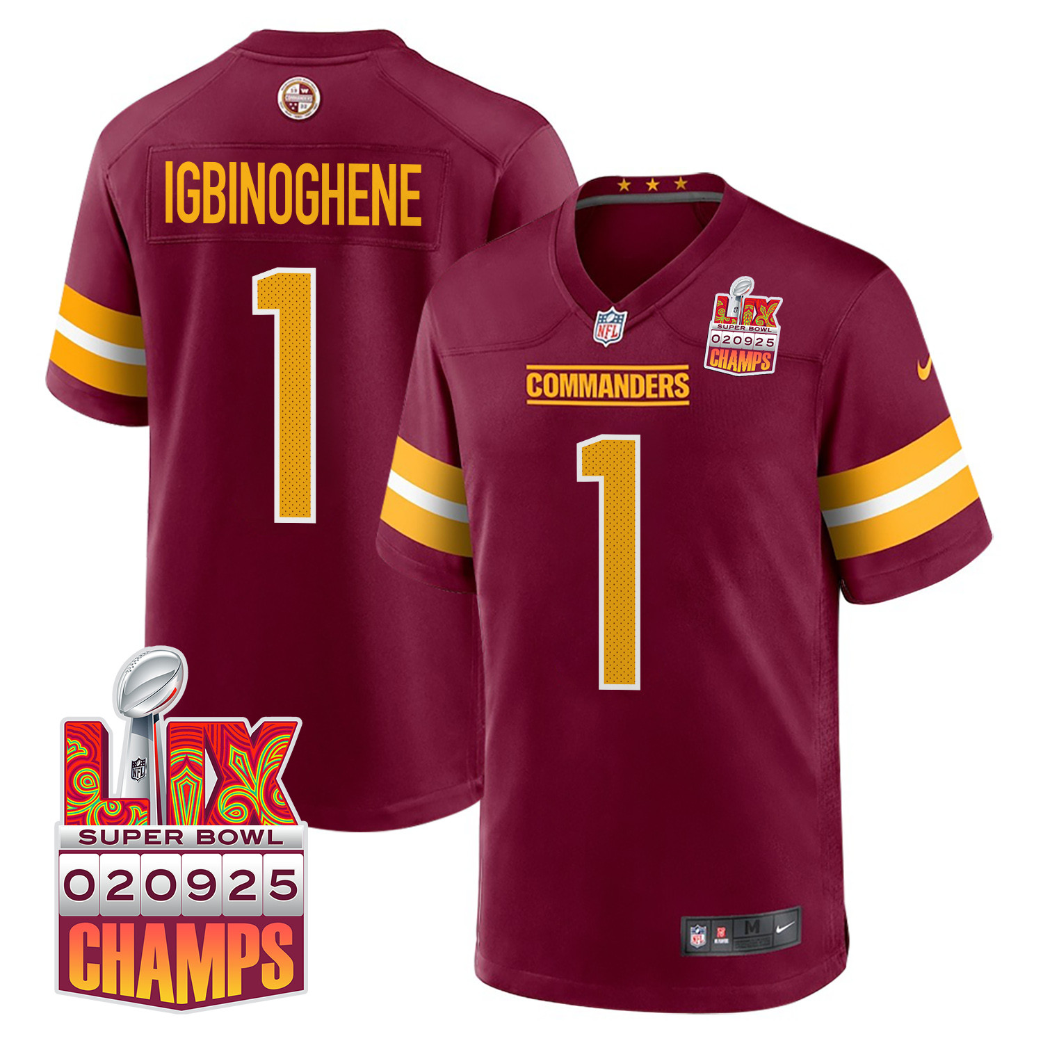 Noah Igbinoghene 1 Washington Commanders Super Bowl LIX Champions Patch Game Burgundy NFL Jersey Men's