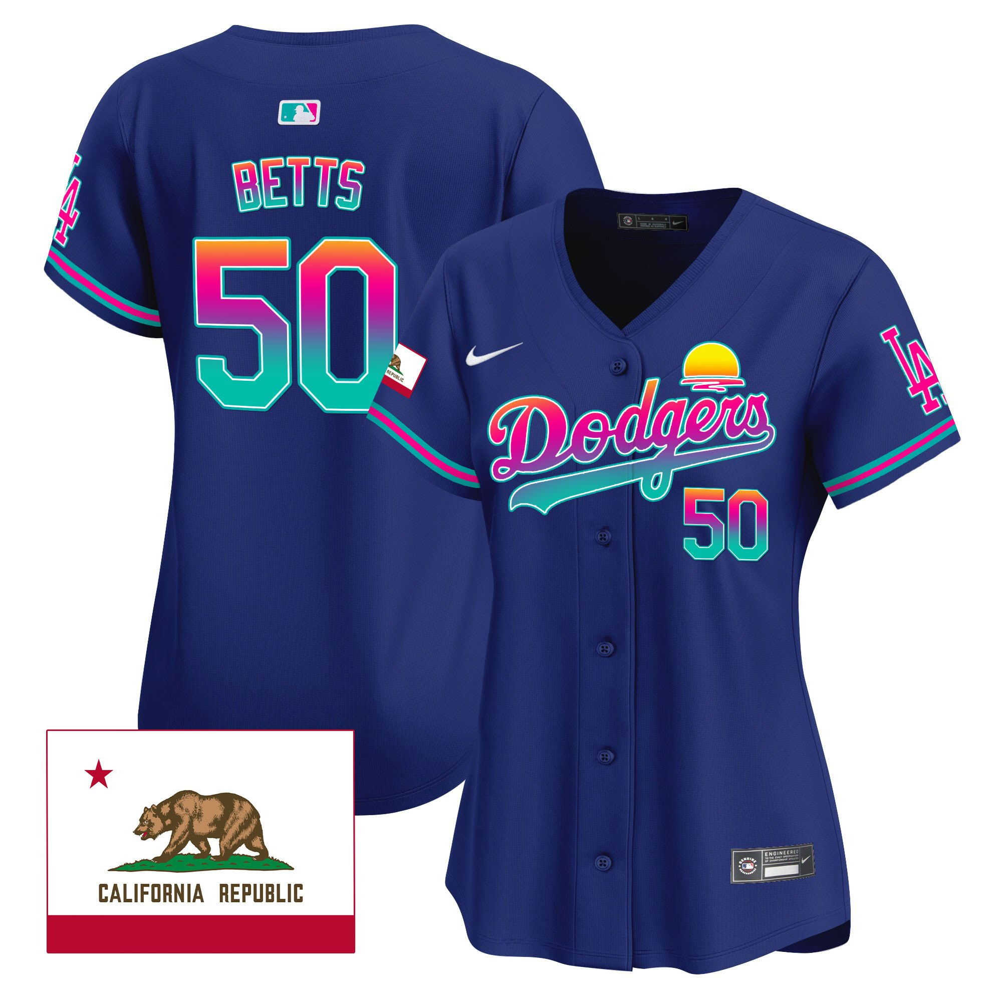 Mookie Betts 50 Los Angeles Dodgers 2024 Los Angeles City Style California Republic Patch Royal MLB Jersey Women's