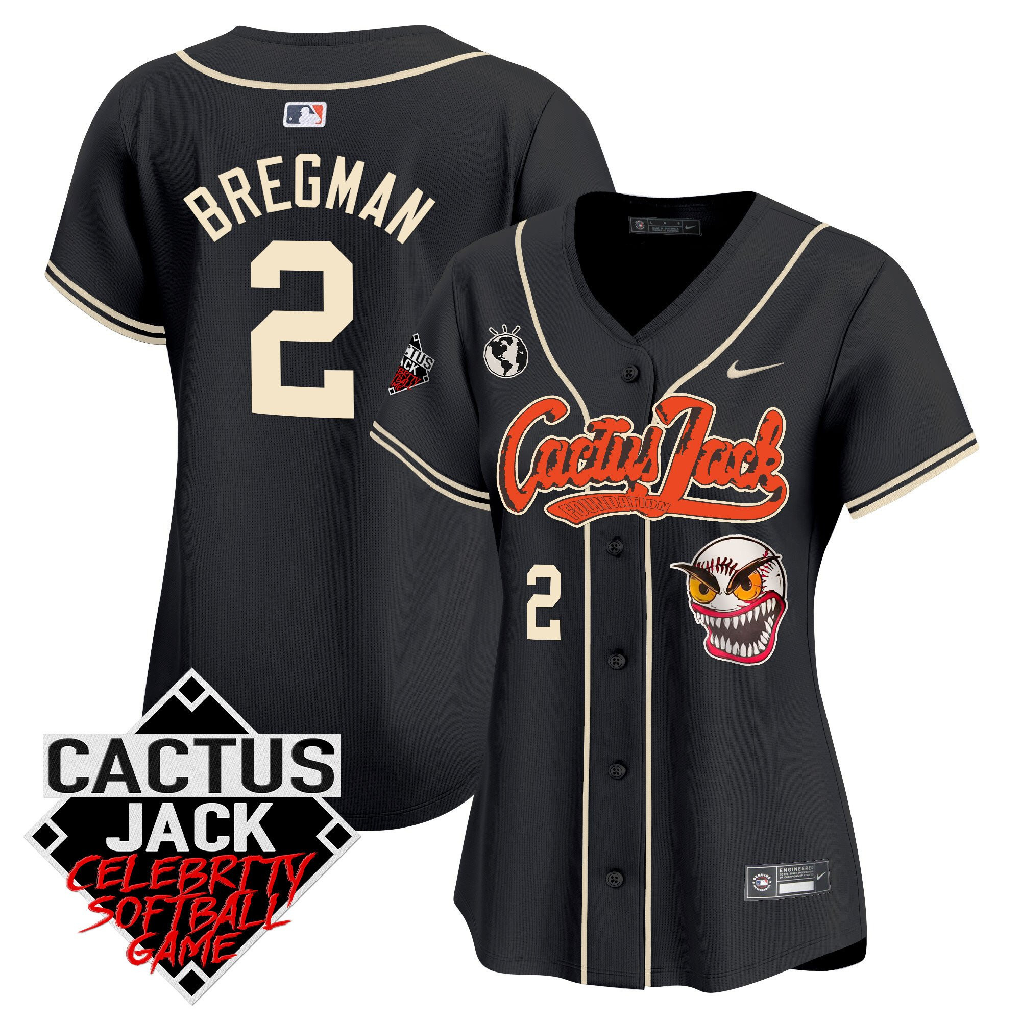 Alex Bregman 2 Houston Astros Cactus Jack Celebrity Softball Game Patch Black MLB Jersey Women's