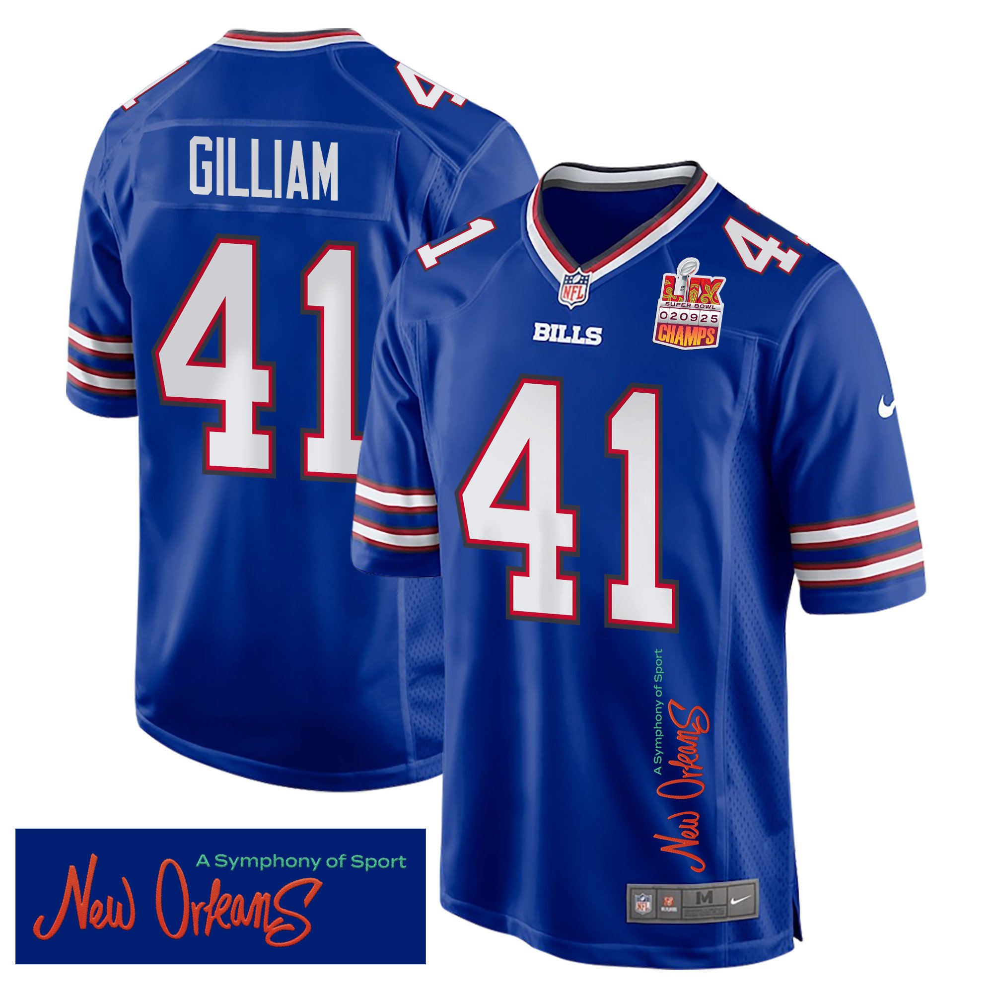 Reggie Gilliam 41 Buffalo Bills Super Bowl LIX Champions Patch New Orleans A Symphony of Sport' EMBROIDERED Game Royal NFL Jersey Men's