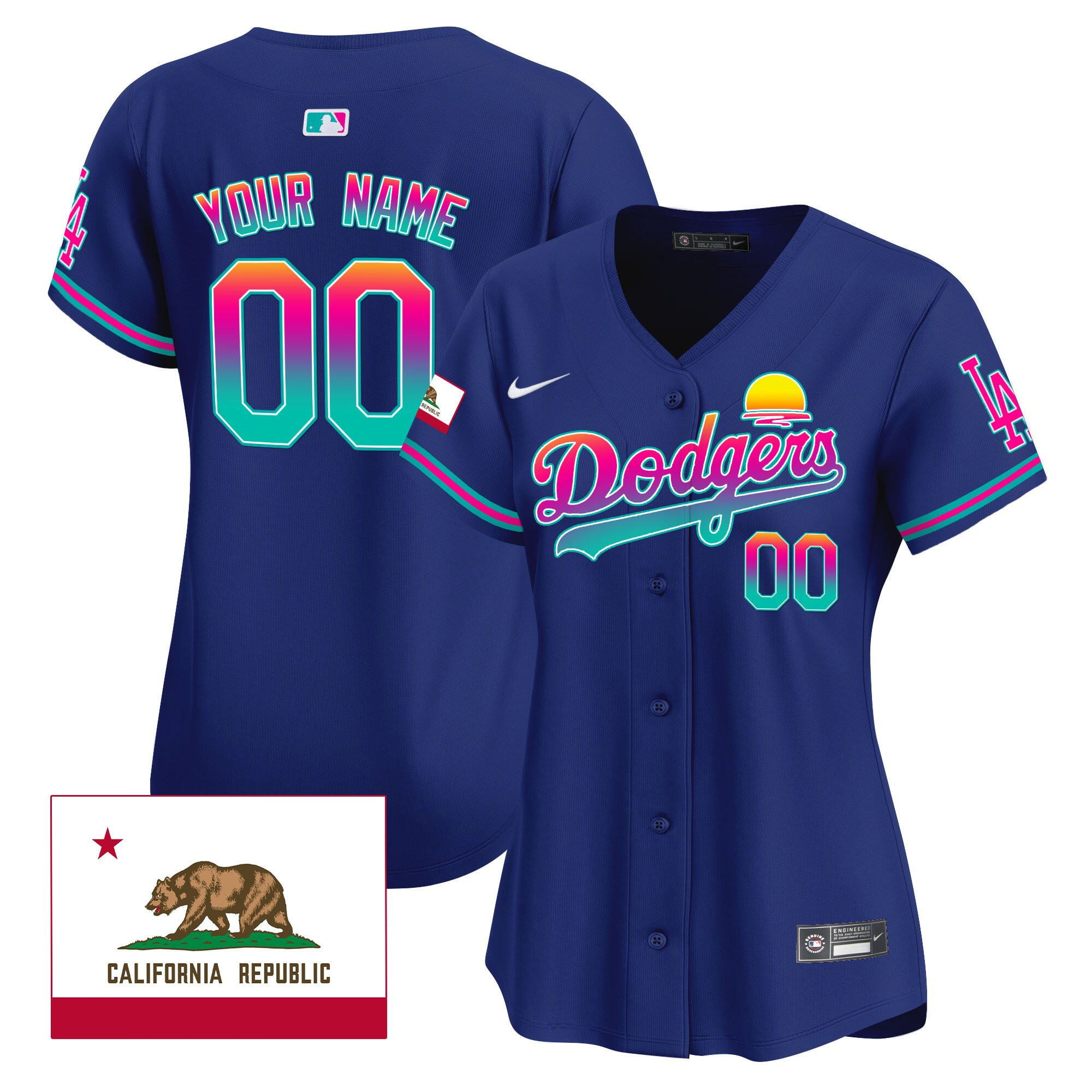 Los Angeles Dodgers 2024 Los Angeles City Style California Republic Patch Custom Royal MLB Jersey Women's