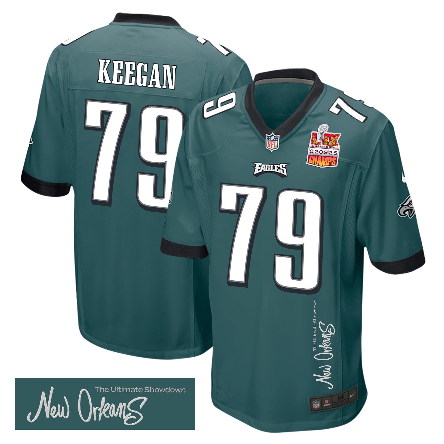 Trevor Keegan 79 Philadelphia Eagles Super Bowl LIX Champions Patch New Orleans The Ultimate Showdown' EMBROIDERED Game Midnight Green NFL Jersey Men's