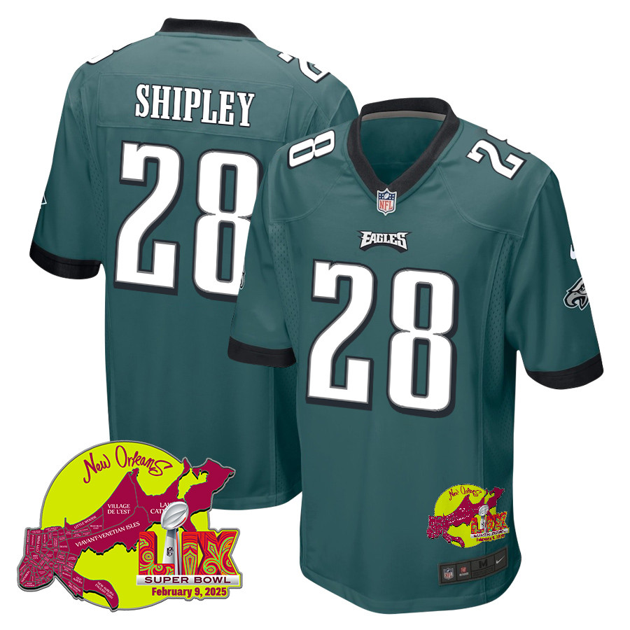 Will Shipley 28 Philadelphia Eagles Super Bowl LIX New Orleans Patch Game Midnight Green NFL Jersey Men's