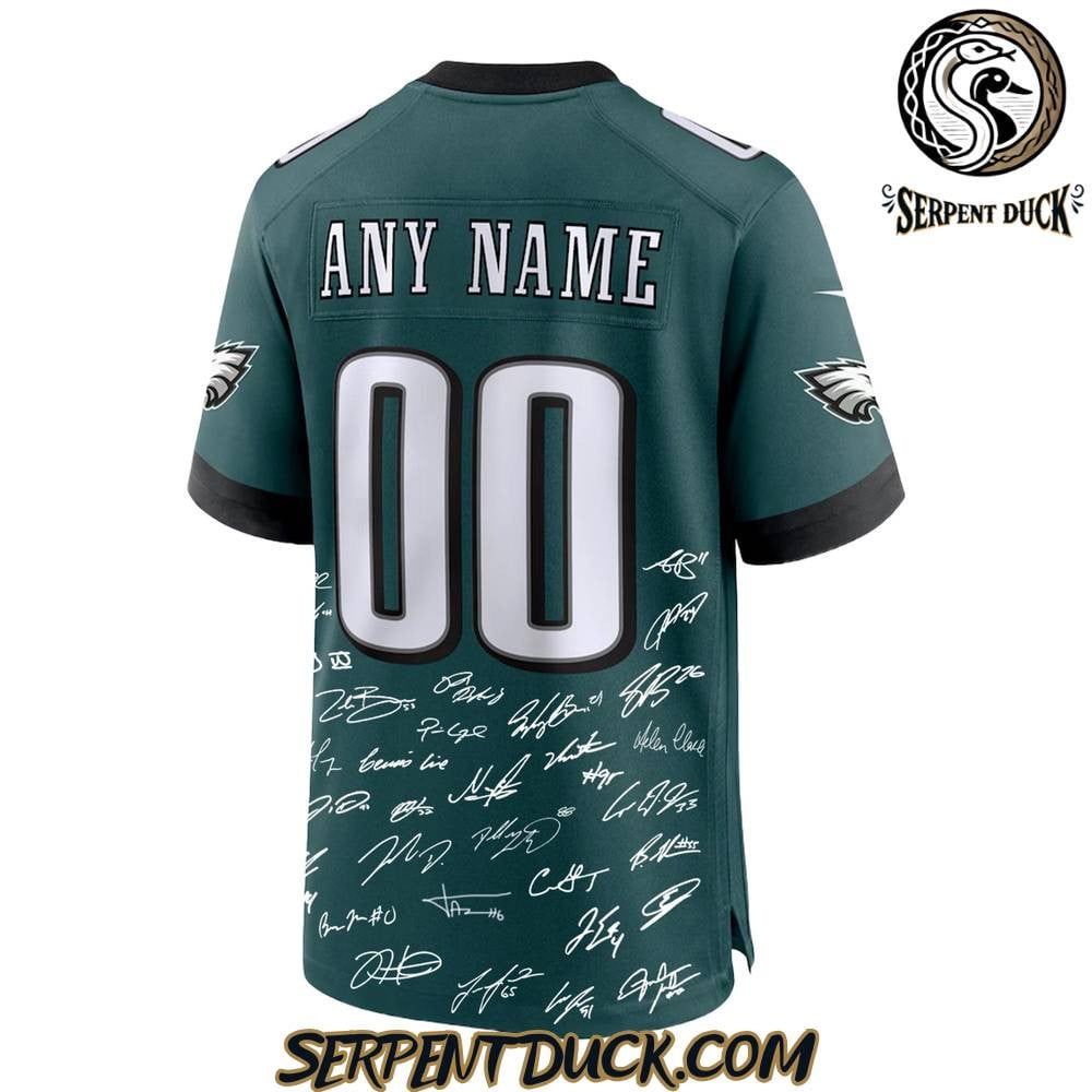 Philadelphia Eagles Champions Super Bowl LIX 2025 Signature All Team Custom Game Midnight Green NFL Jersey Men's