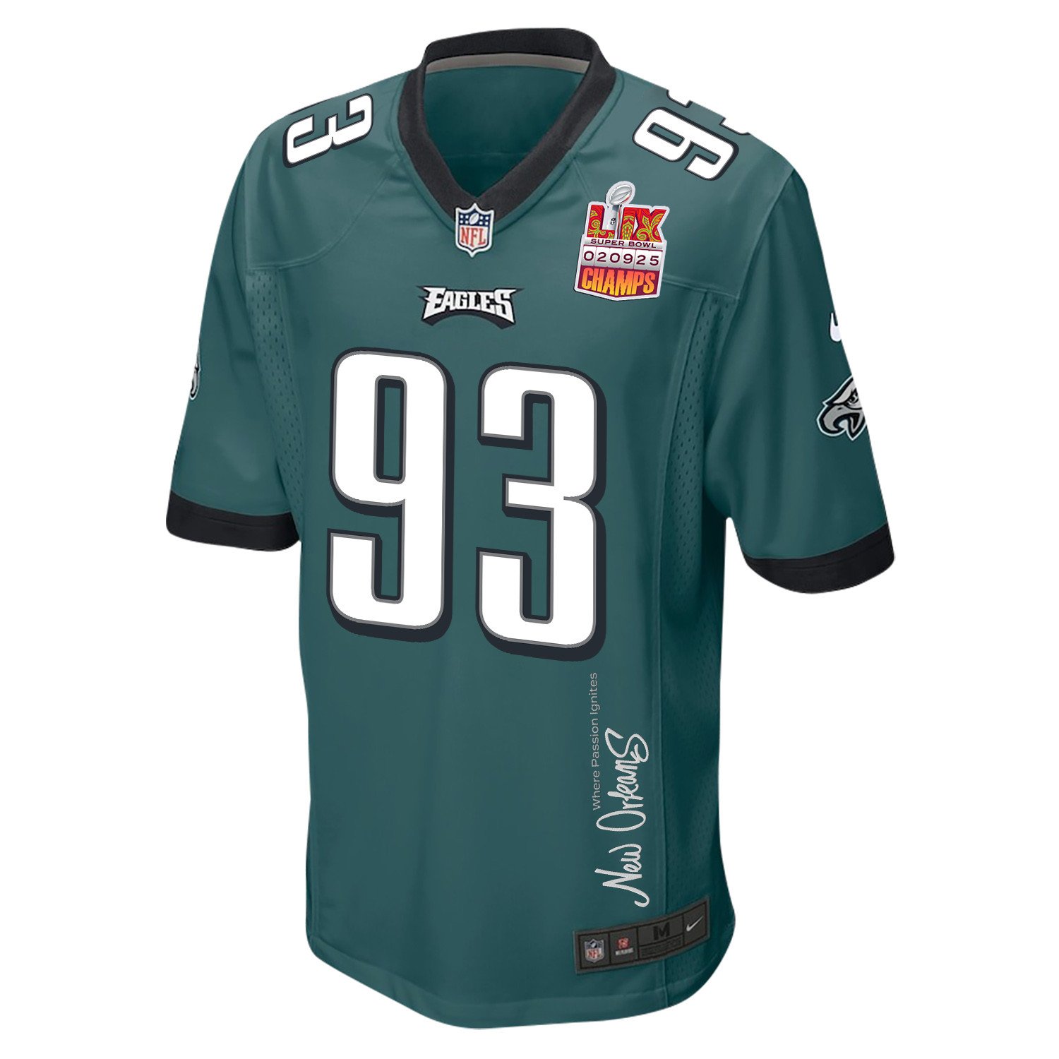 Milton Williams 93 Philadelphia Eagles Super Bowl LIX Champions Patch New Orleans Where Passion Ignites' EMBROIDERED Game Midnight Green NFL Jersey Men's