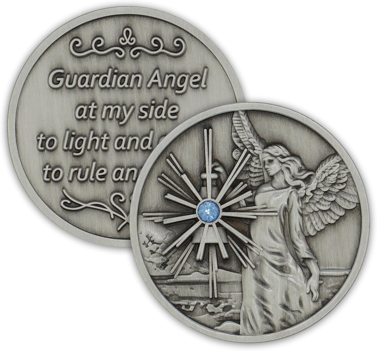 Pewter Guardian Angel Coin Affirmation Gift Token Medallion with Aqua Crystal Gemstone and Angel Prayer on Back
